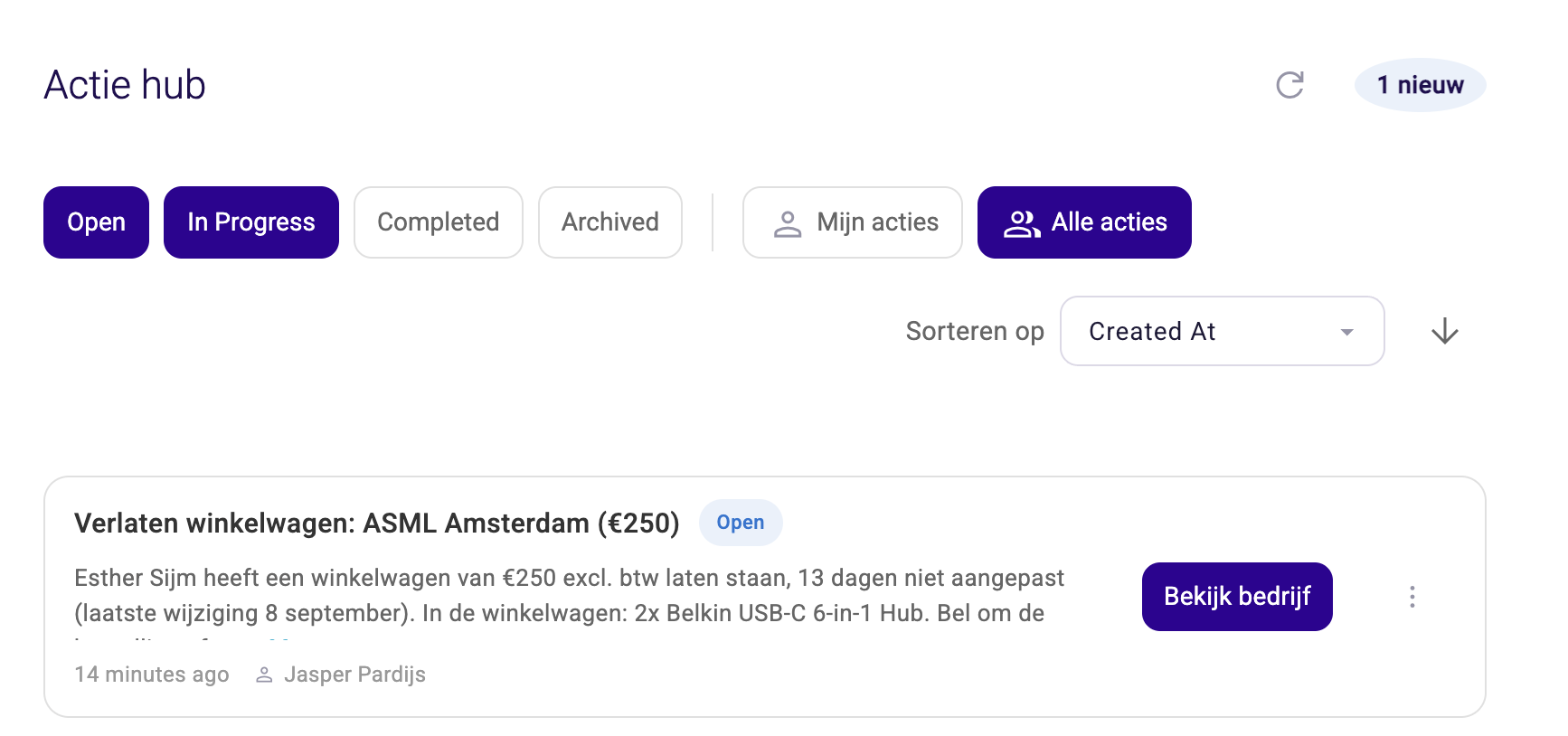 A ticket from this workflow in the Action Hub, shown in the Dutch interface