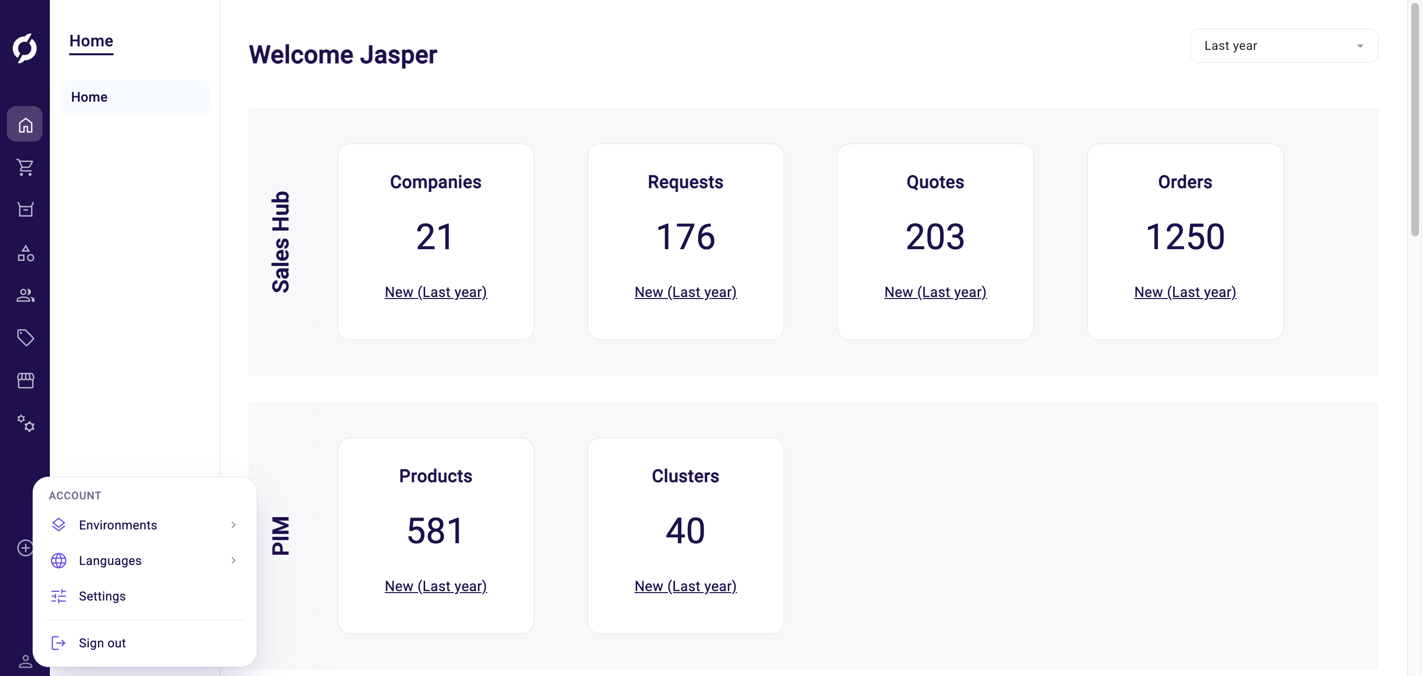 Account menu open in the sidebar