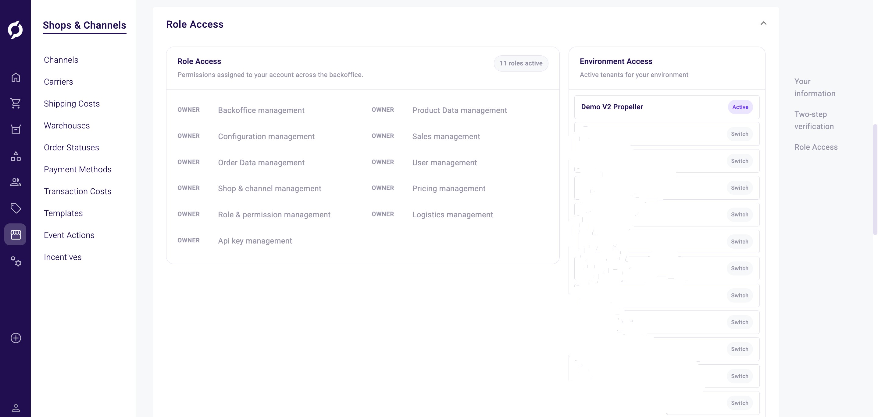Role access and environment access on the settings page
