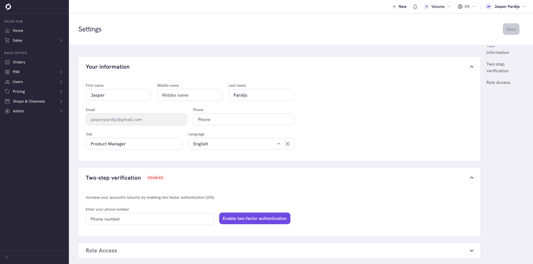 Settings page with Your information and Two-step verification open, and Role Access folded below