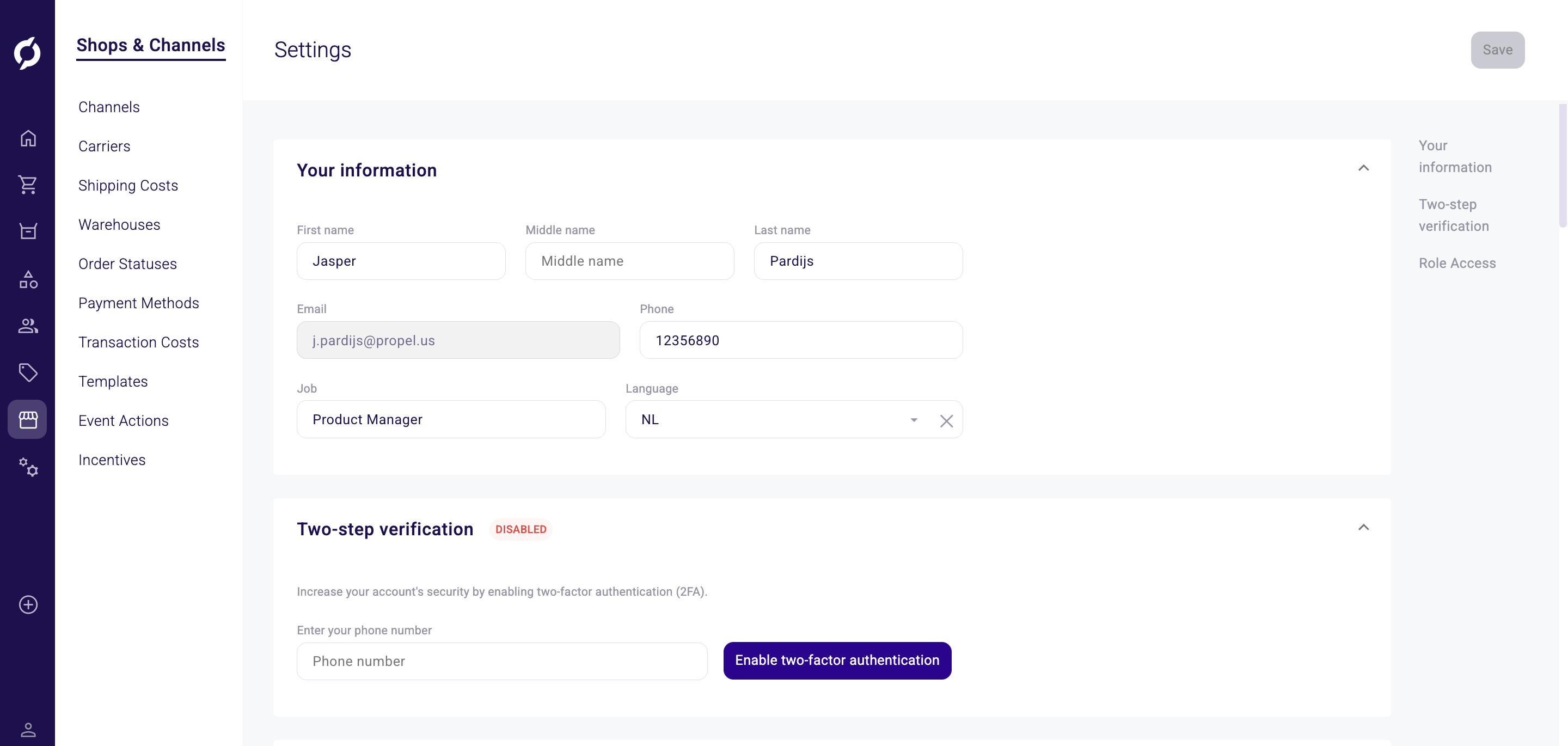 Your information and two-step verification on the settings page