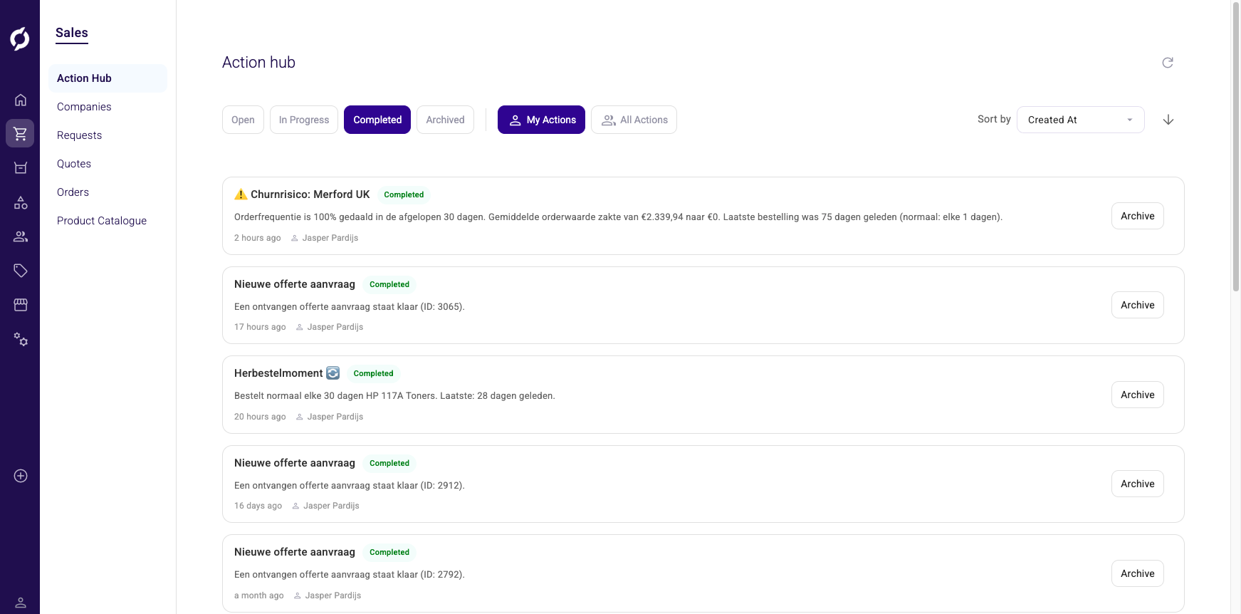 Completed actions filter