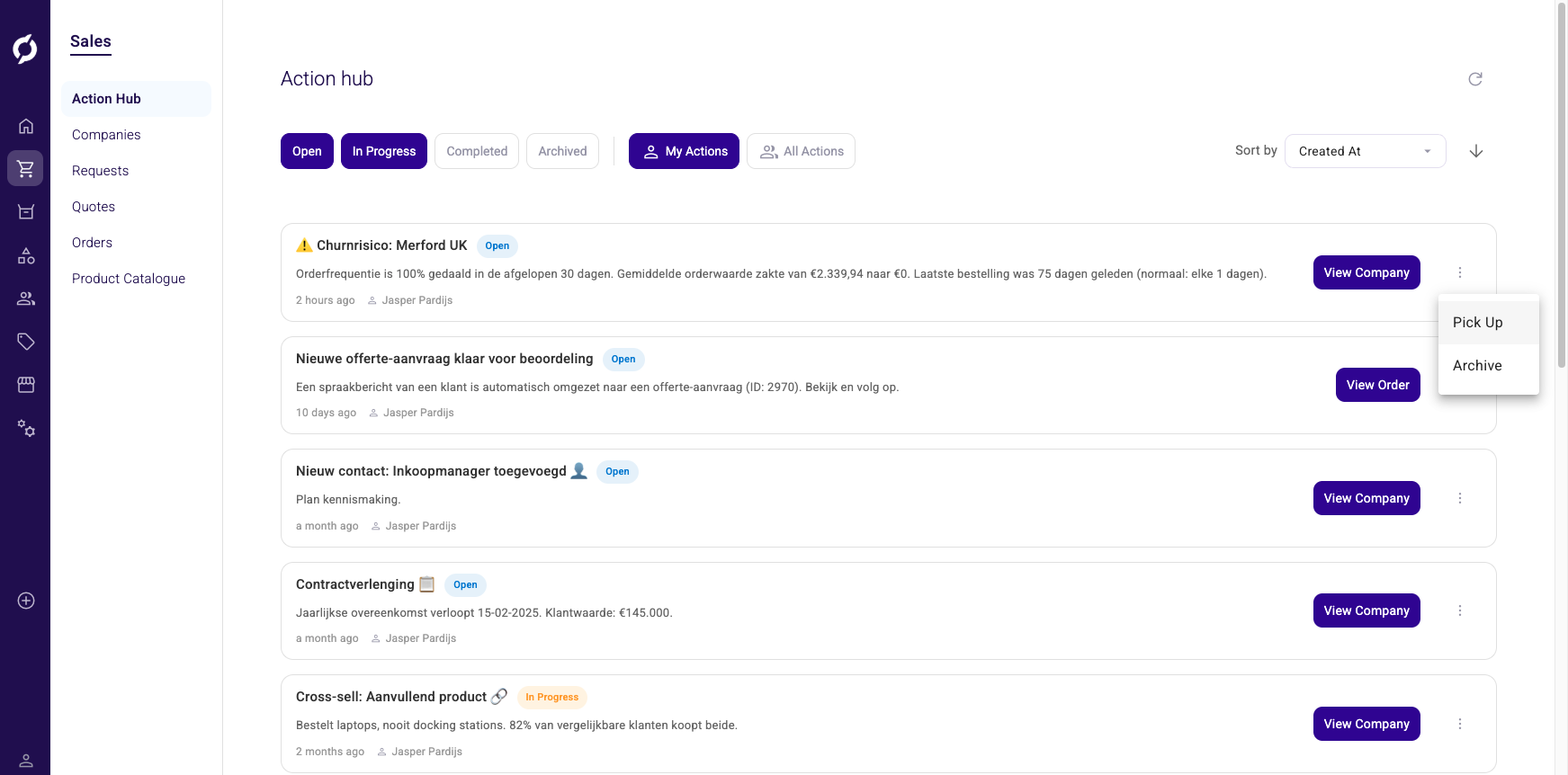 Pick Up button on an action