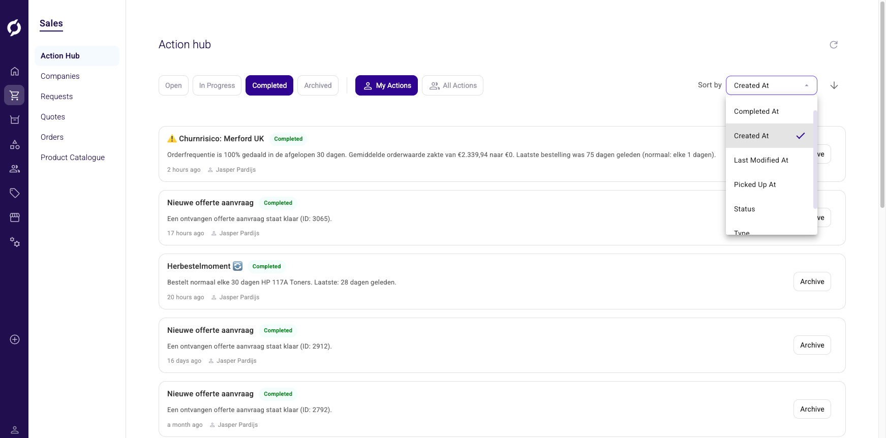 Sort options dropdown