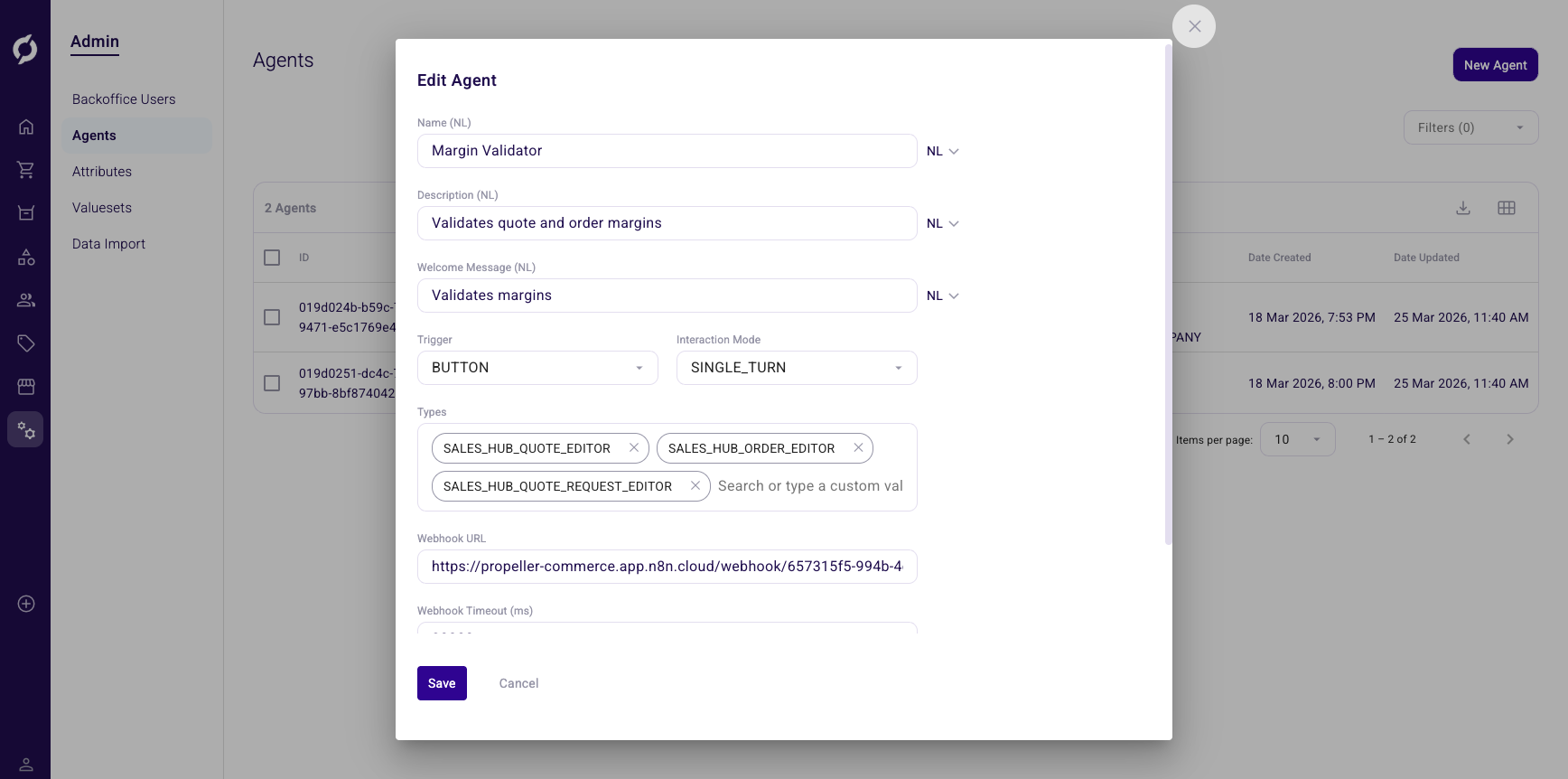 Edit Agent dialog for a button agent