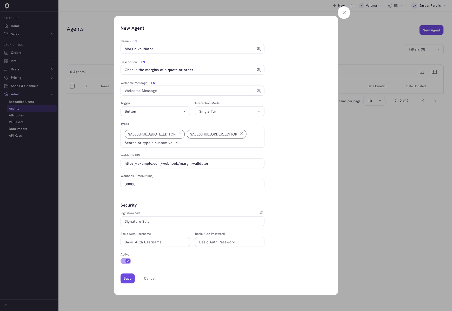 New Agent dialog filled in for a button agent