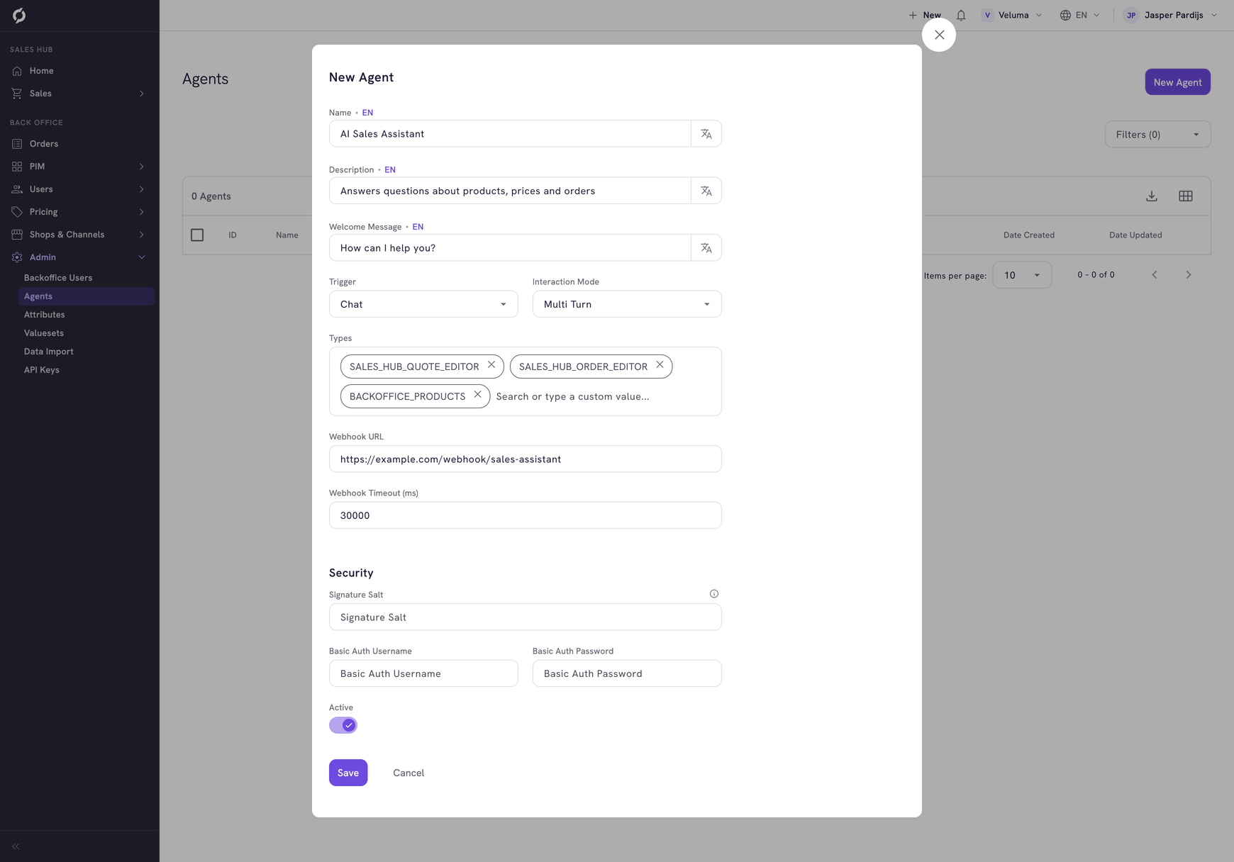 New Agent dialog filled in for a chat agent, with the webhook and Security fields at the bottom