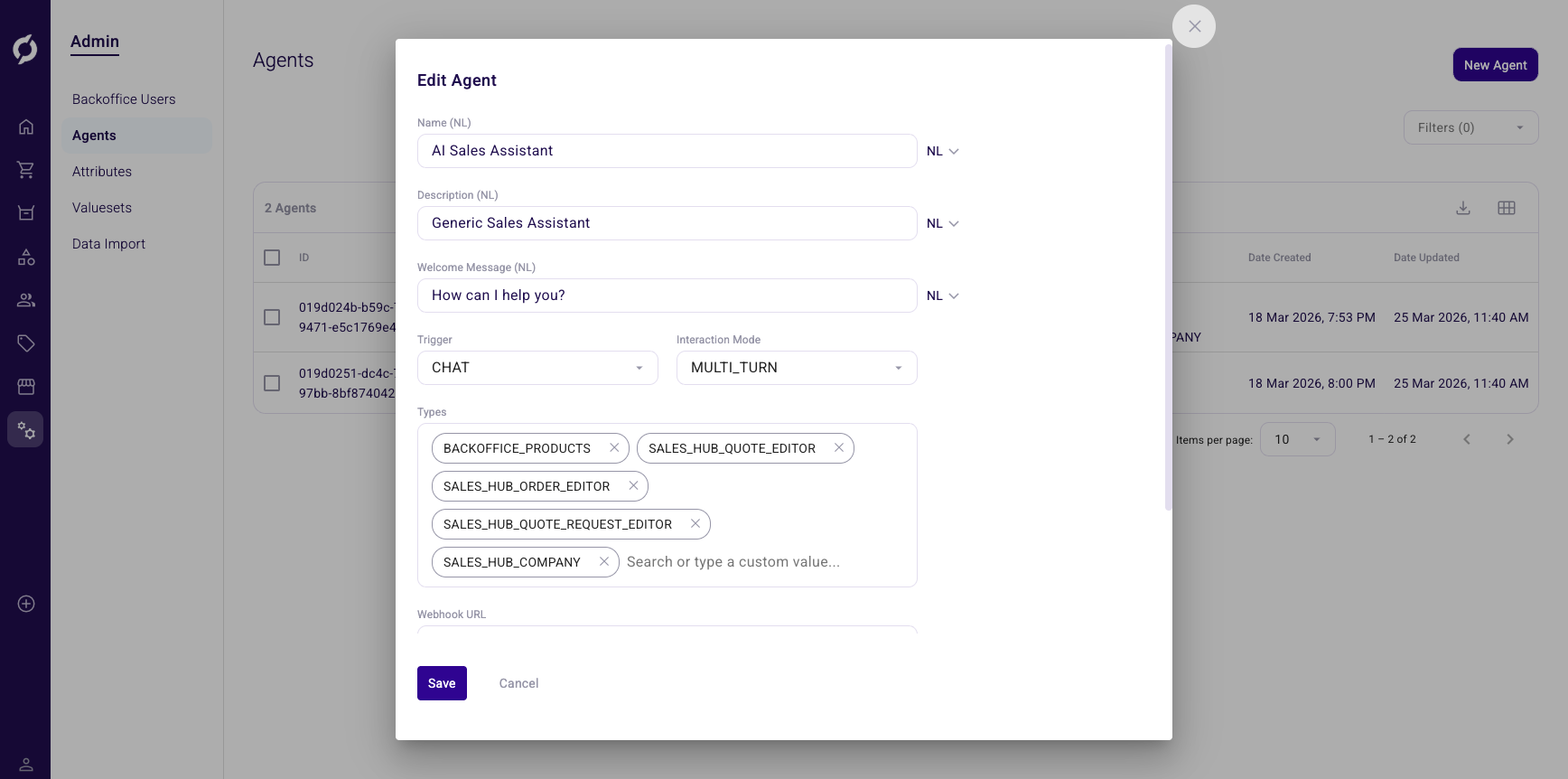 Edit Agent dialog for a chat agent