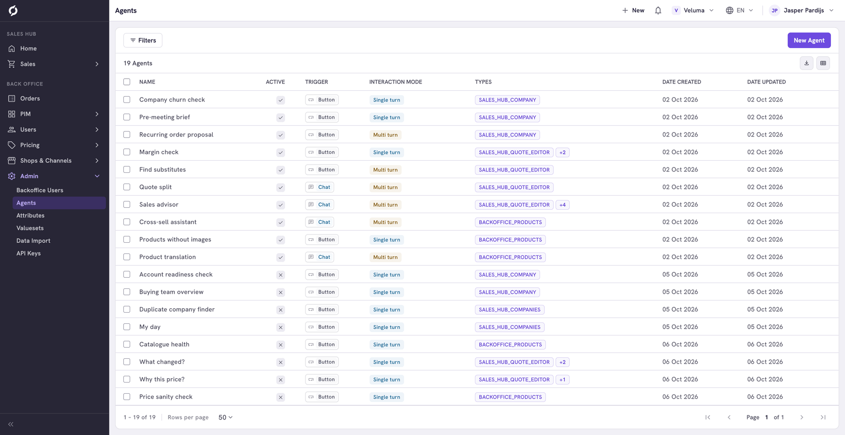 Agents list with the name, Active, trigger, interaction mode, types and dates of each agent. The Webhook URL column is left out of the picture