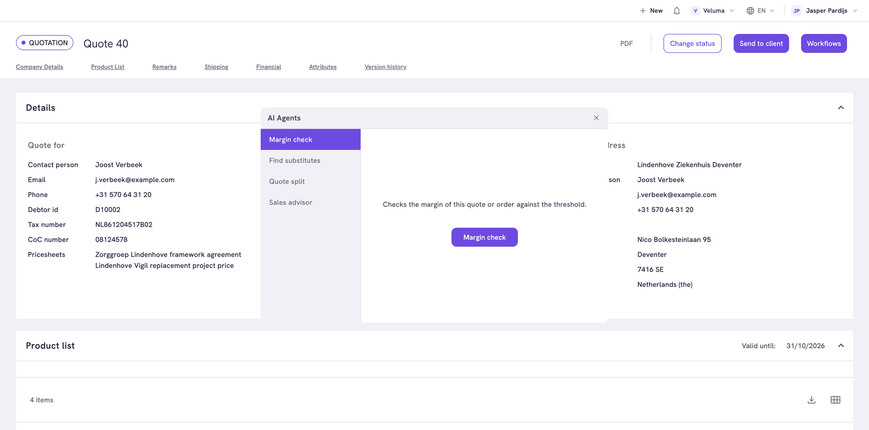 AI Agents dialog on a quote, with four agents on the left and the description and button of the Margin check agent on the right