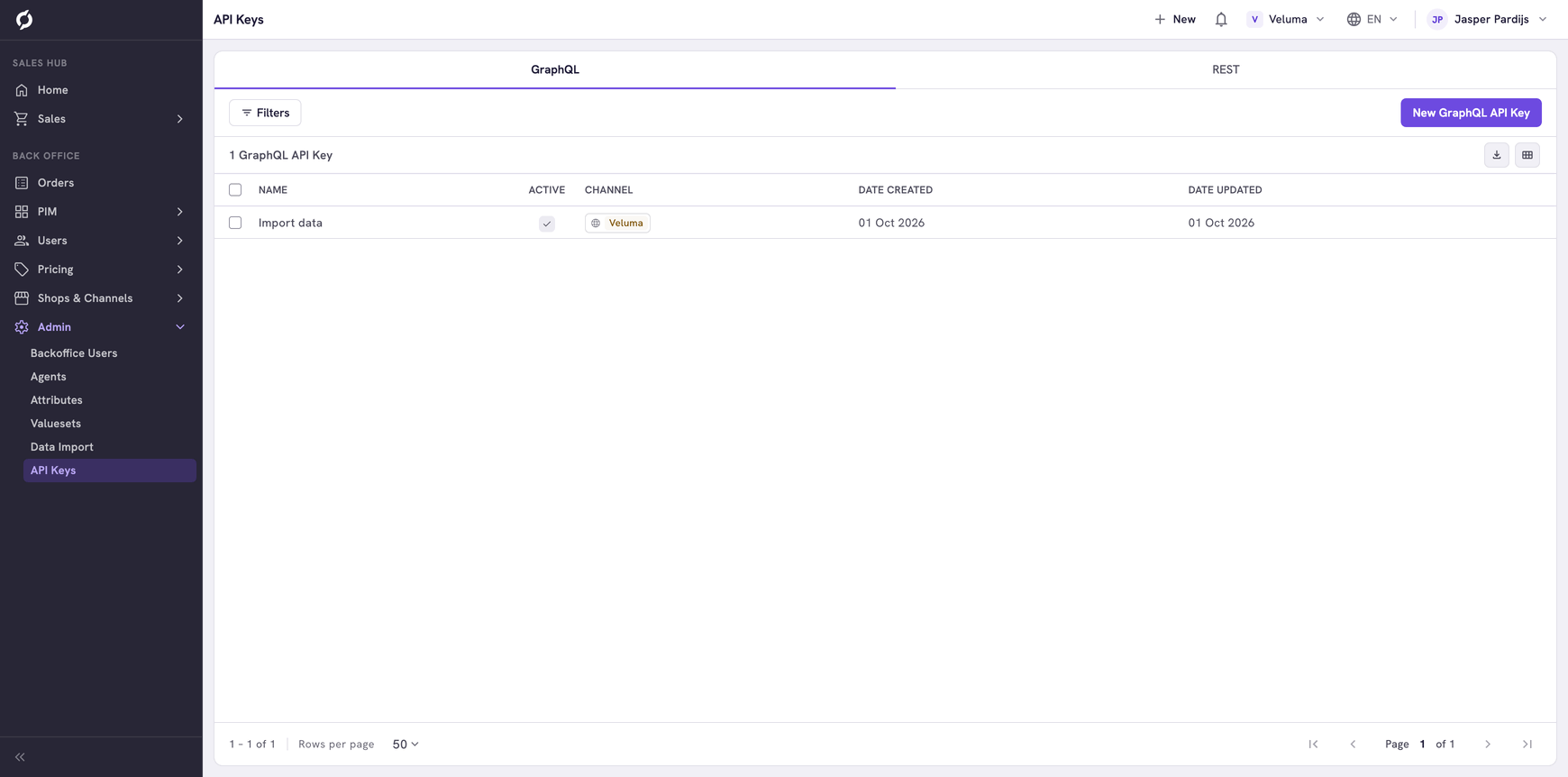 API Keys page on the GraphQL tab with one key