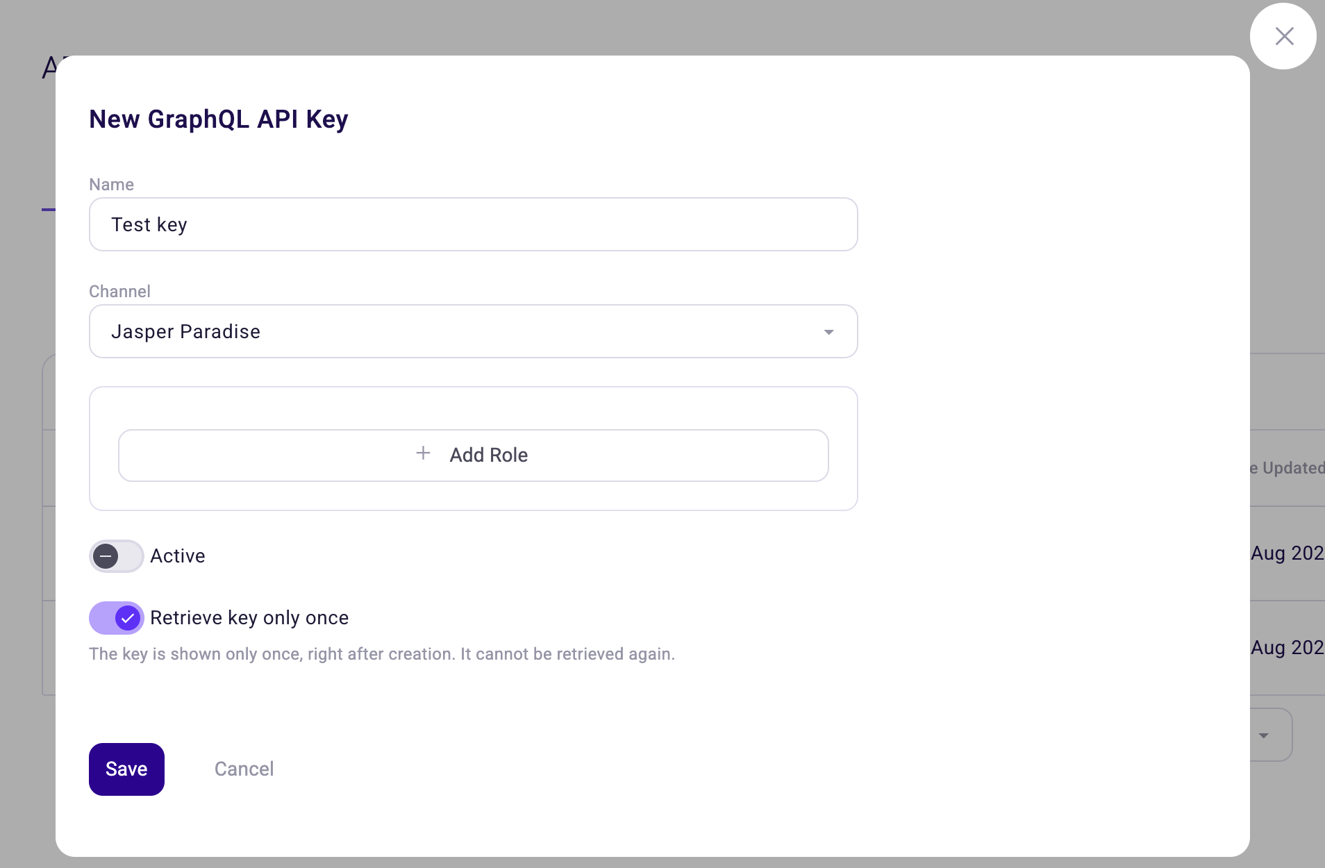 New GraphQL API Key dialog with role definitions