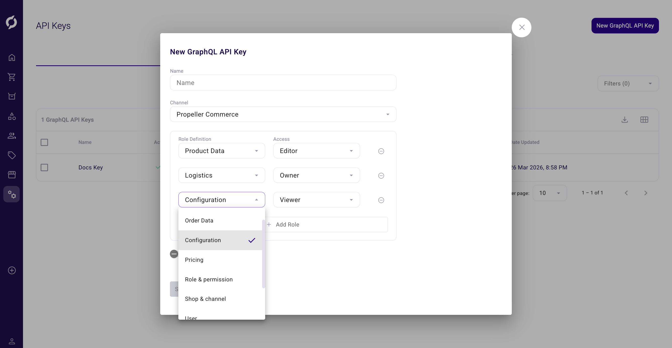 New GraphQL API Key dialog with role definitions