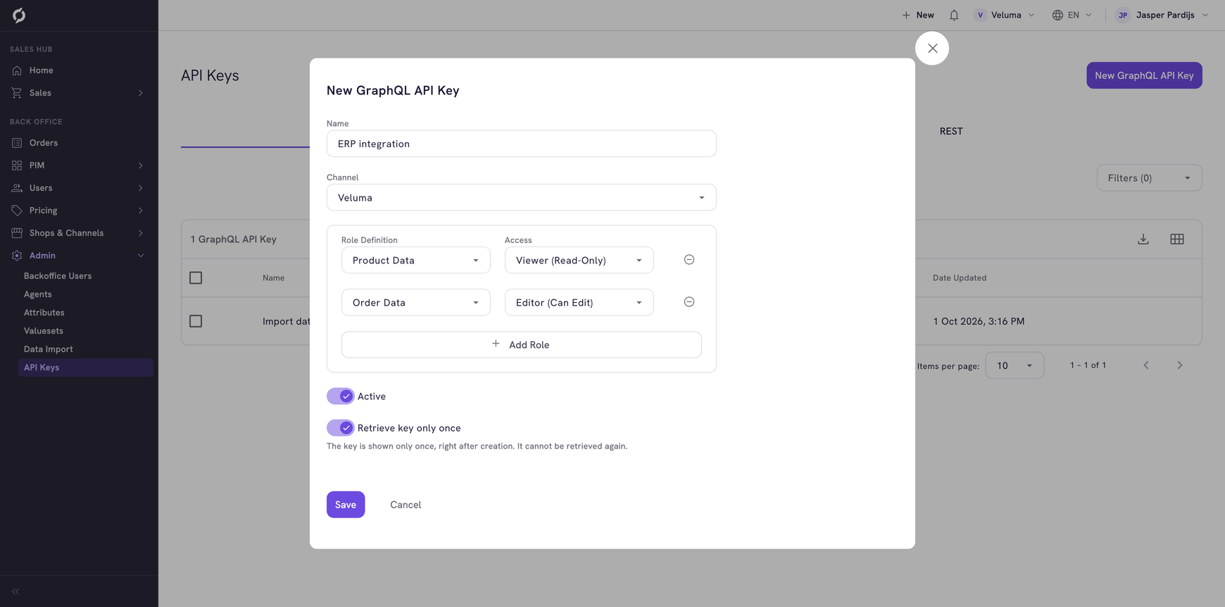 New GraphQL API Key dialog with a name, a channel, two roles and both switches on