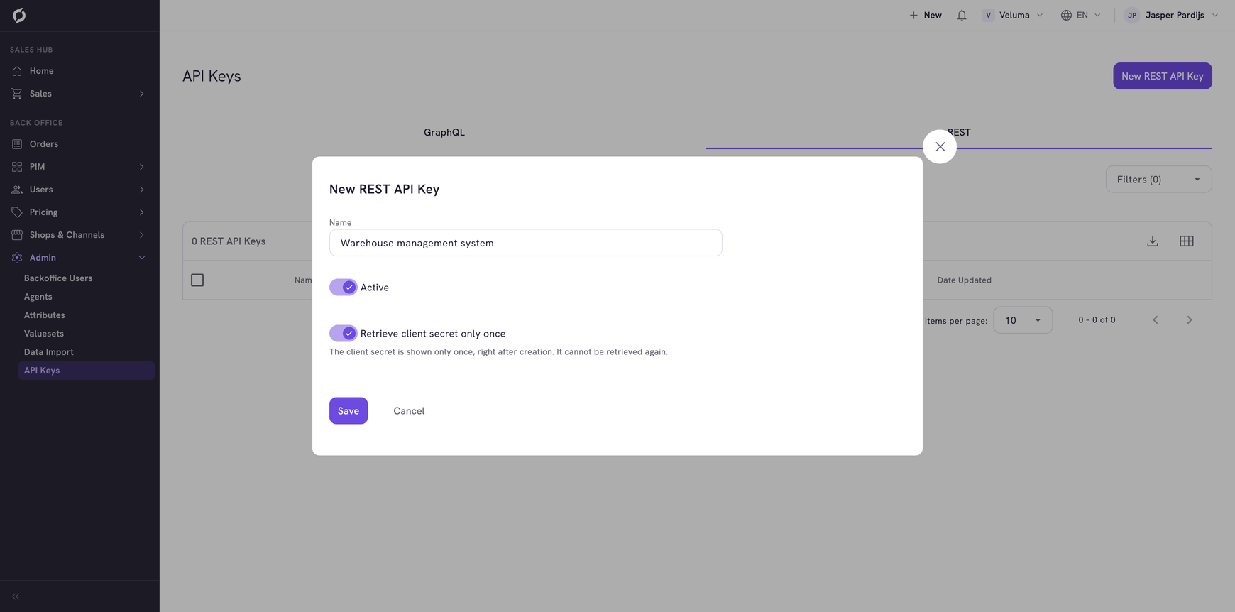 New REST API Key dialog with a name and both switches on
