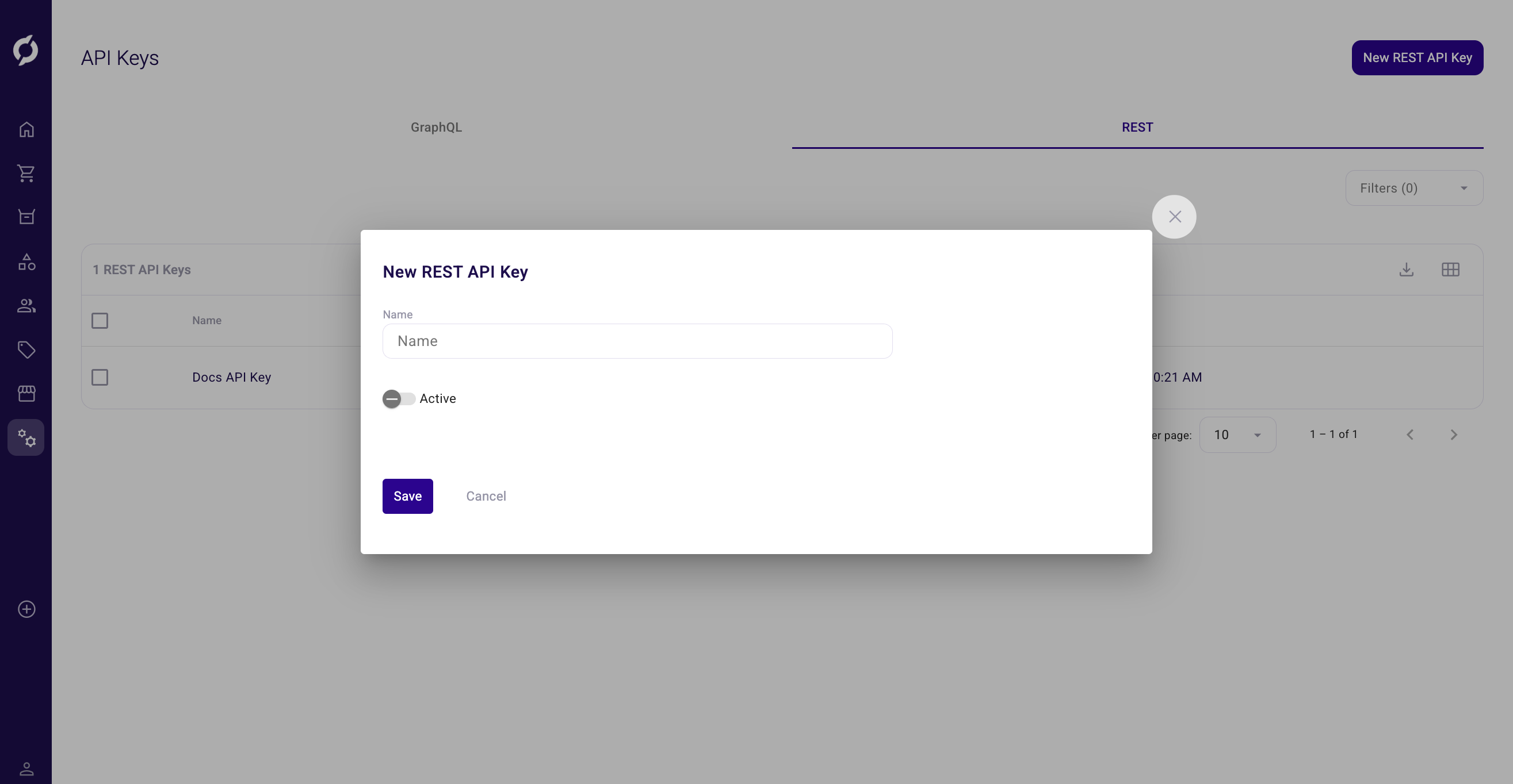 New REST API Key dialog