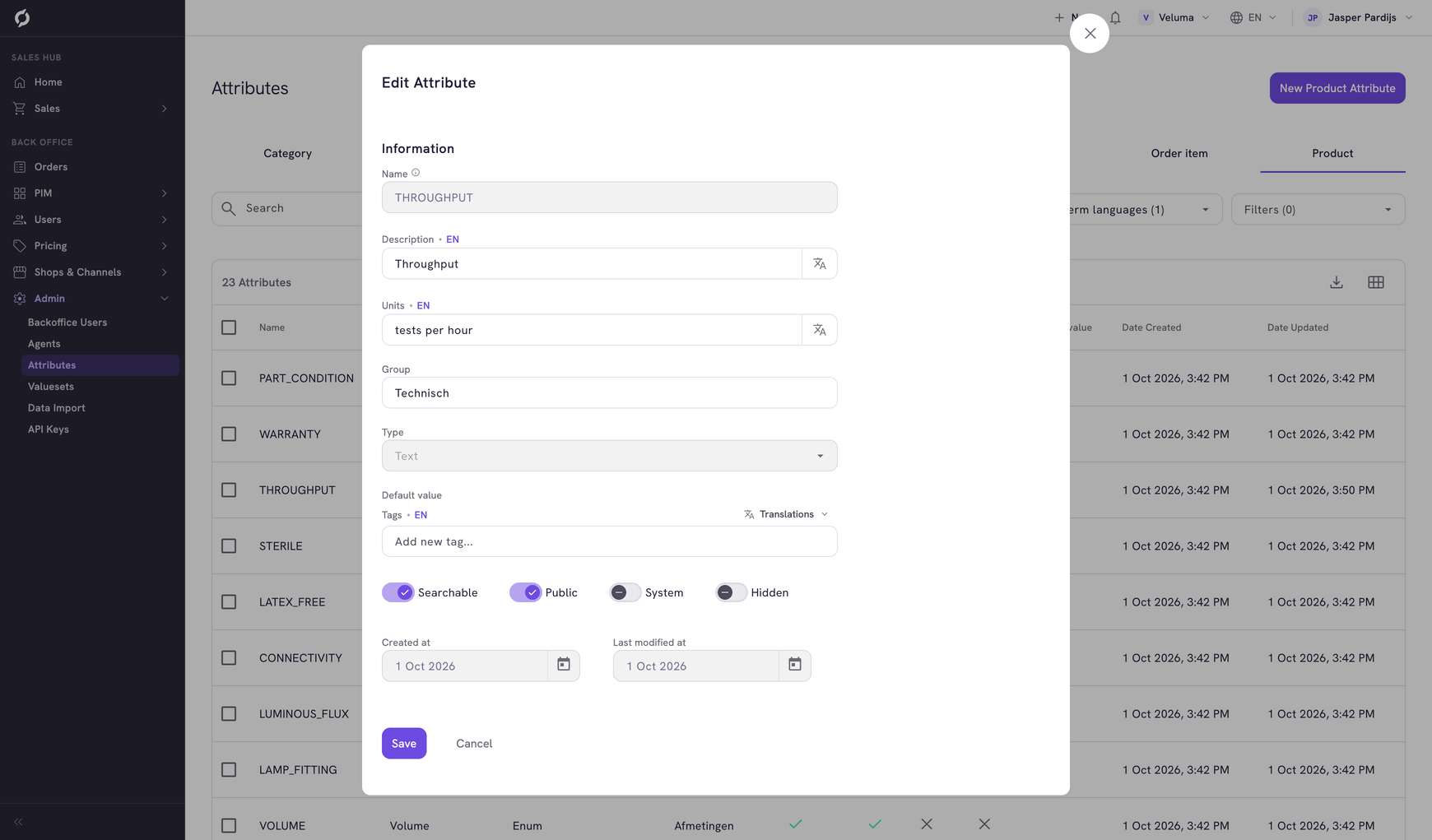 Edit Attribute dialog with name, description, units, group, type, default value and the four switches