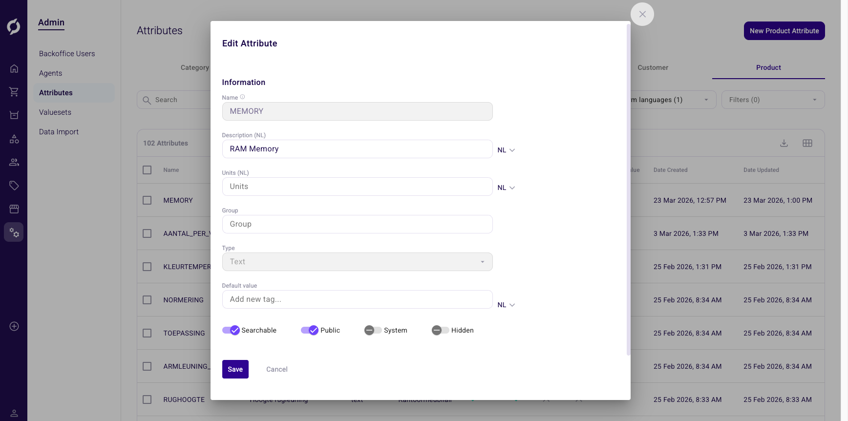 Edit Attribute dialog showing Name, Units, Group, Tags and checkbox fields