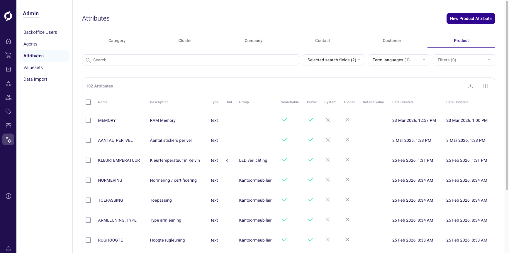 Attributes overview showing the Product tab with a table of attributes, search bar and filters