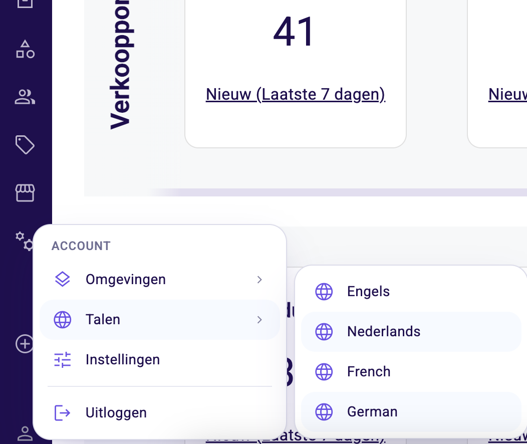 User menu with the new language switcher showing English, Dutch, French and German