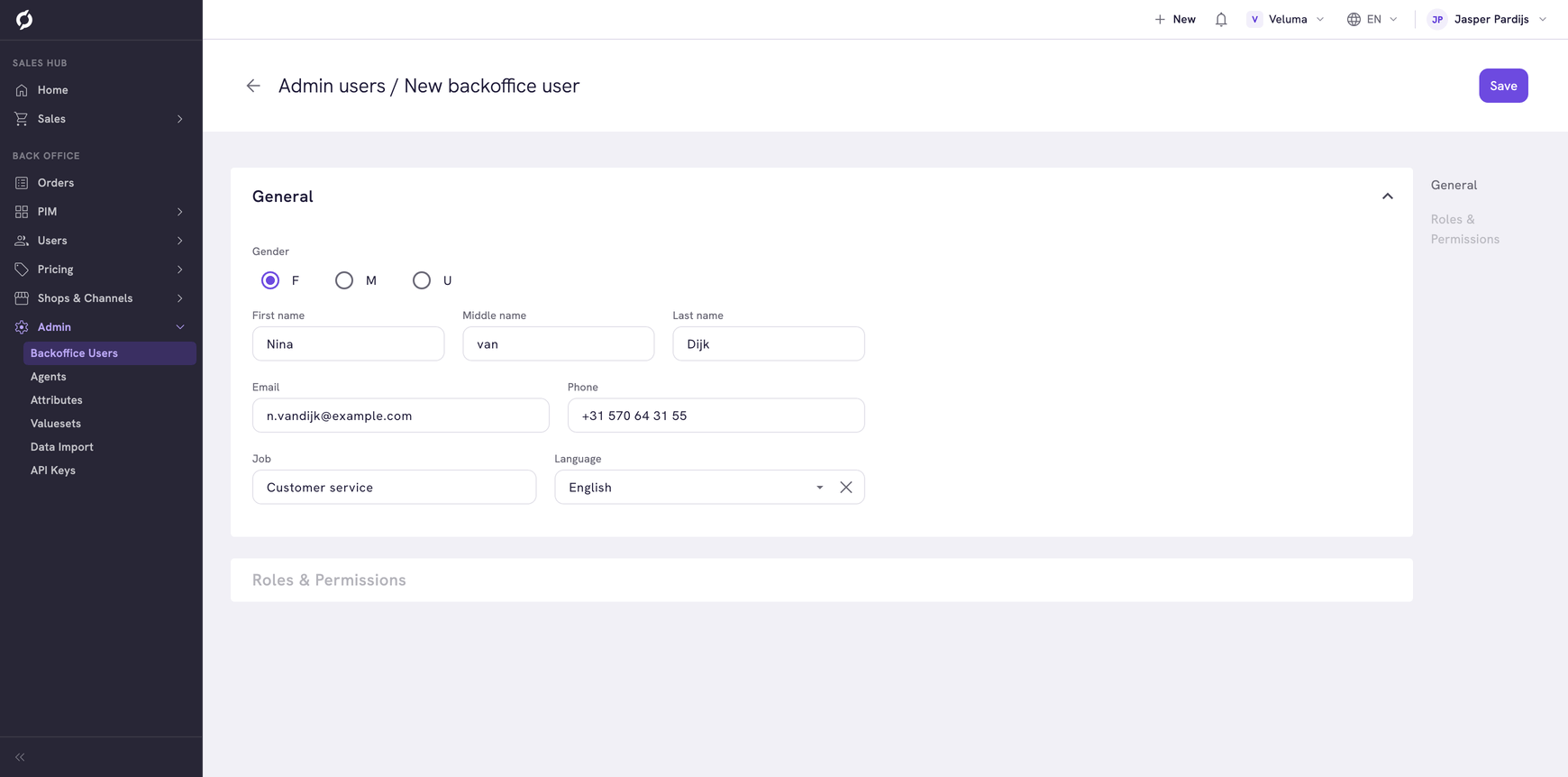 New backoffice user page with the General section filled in
