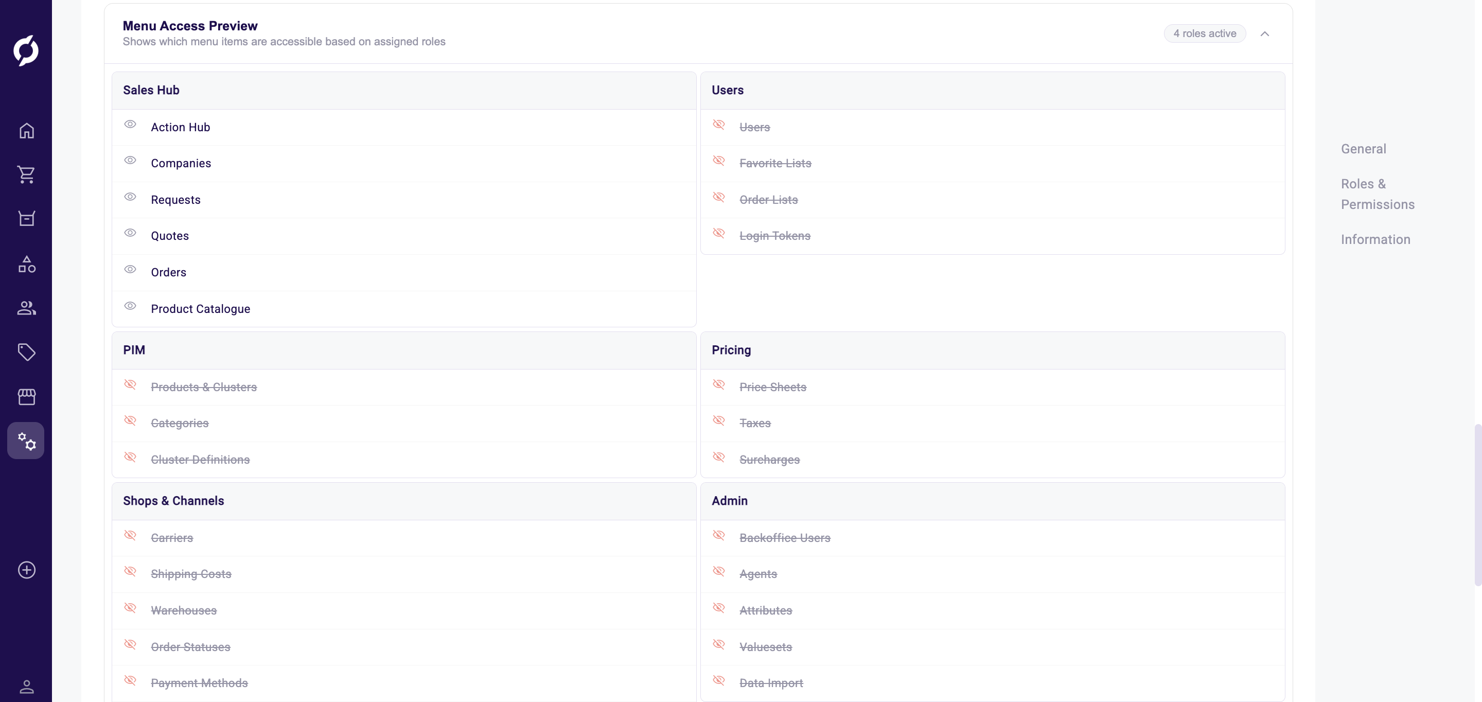 Menu Access Preview showing visible and hidden menu items