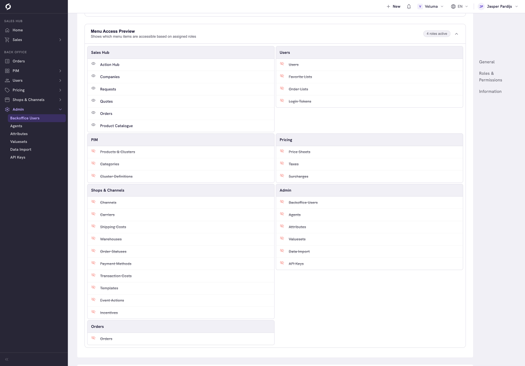 Menu Access Preview for the Sales Representative preset: the Sales Hub pages show, the Backoffice pages are hidden