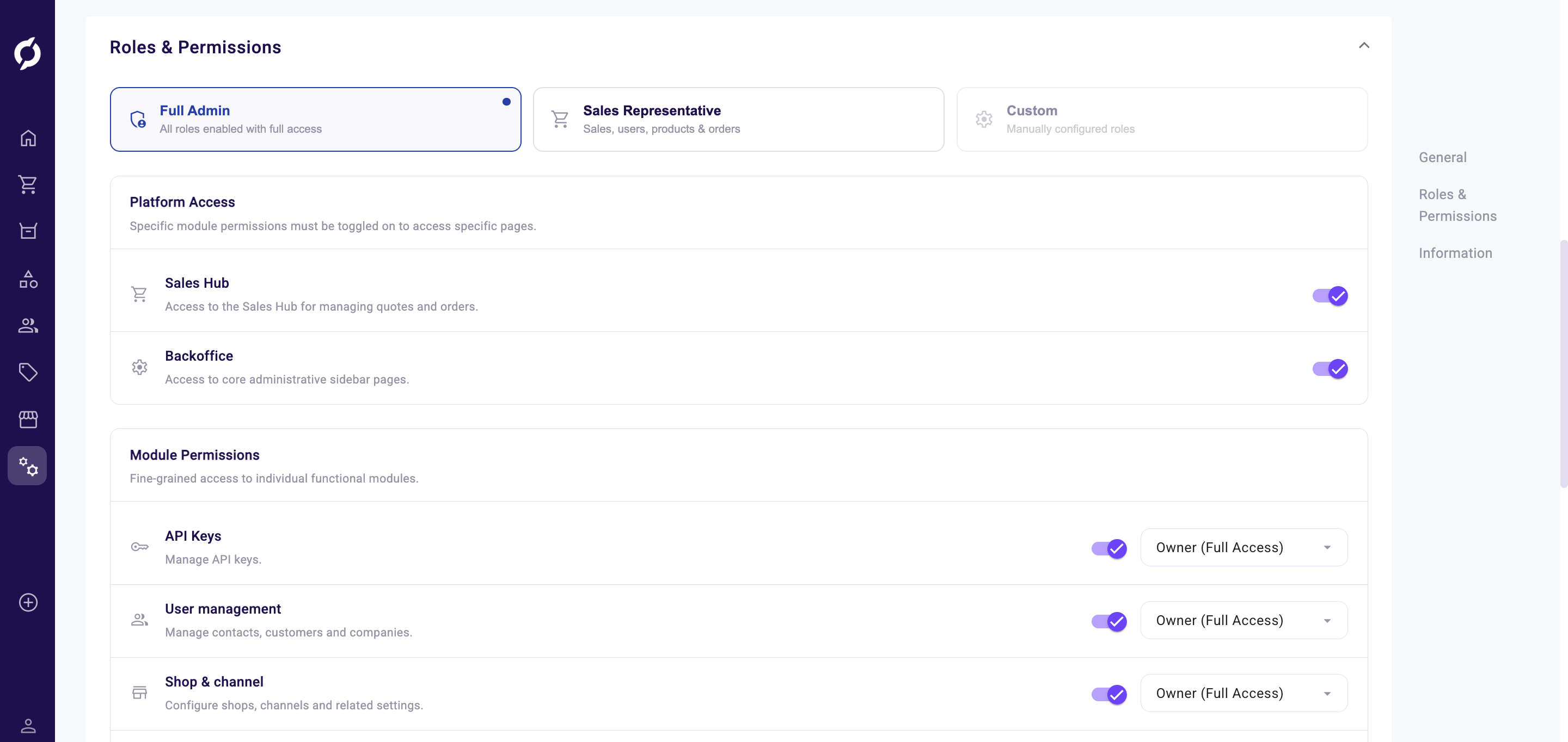 Roles & Permissions with Full Admin preset selected