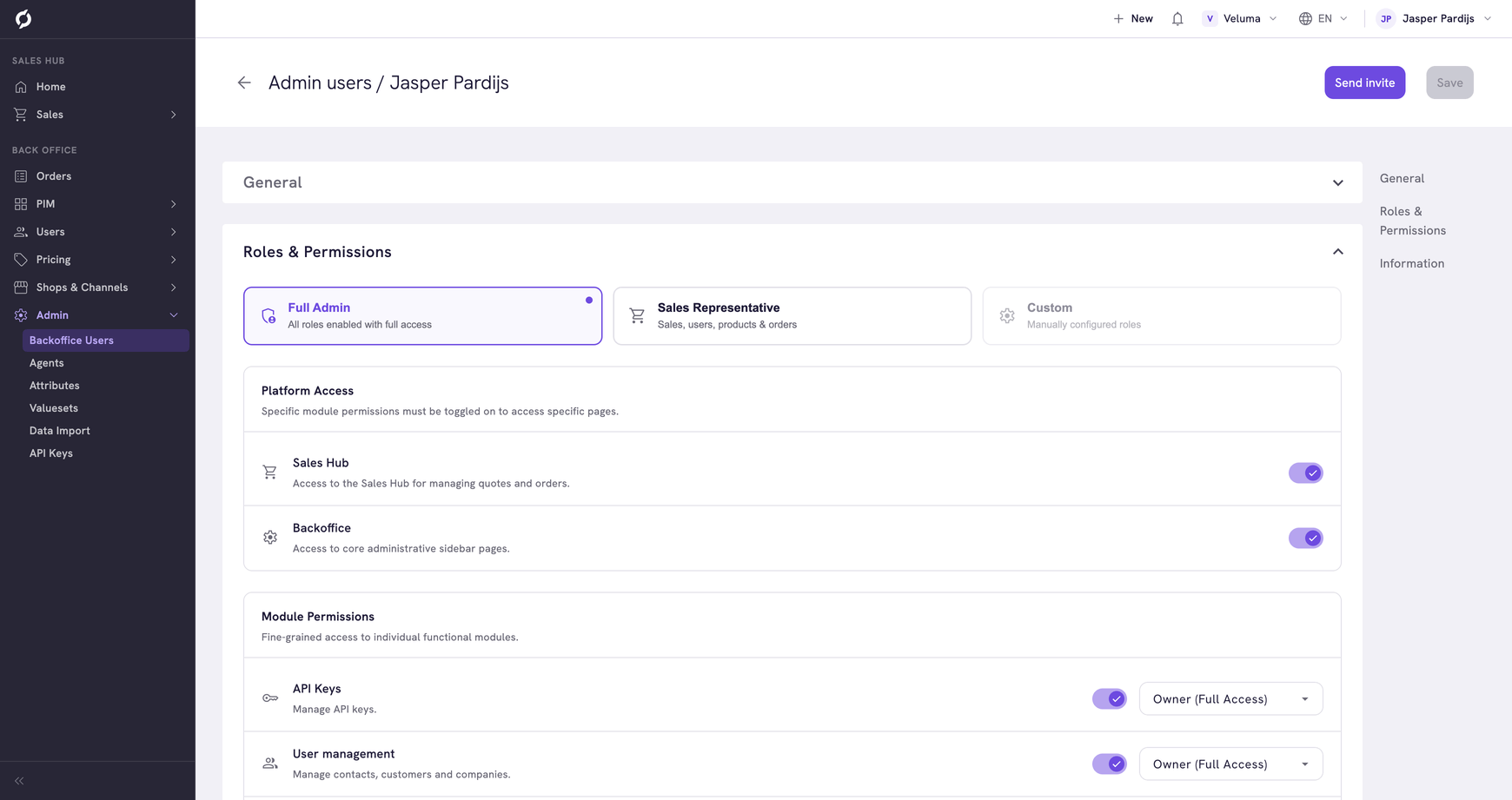 Roles &amp; Permissions section with the Full Admin preset selected, Platform Access and the first Module Permissions