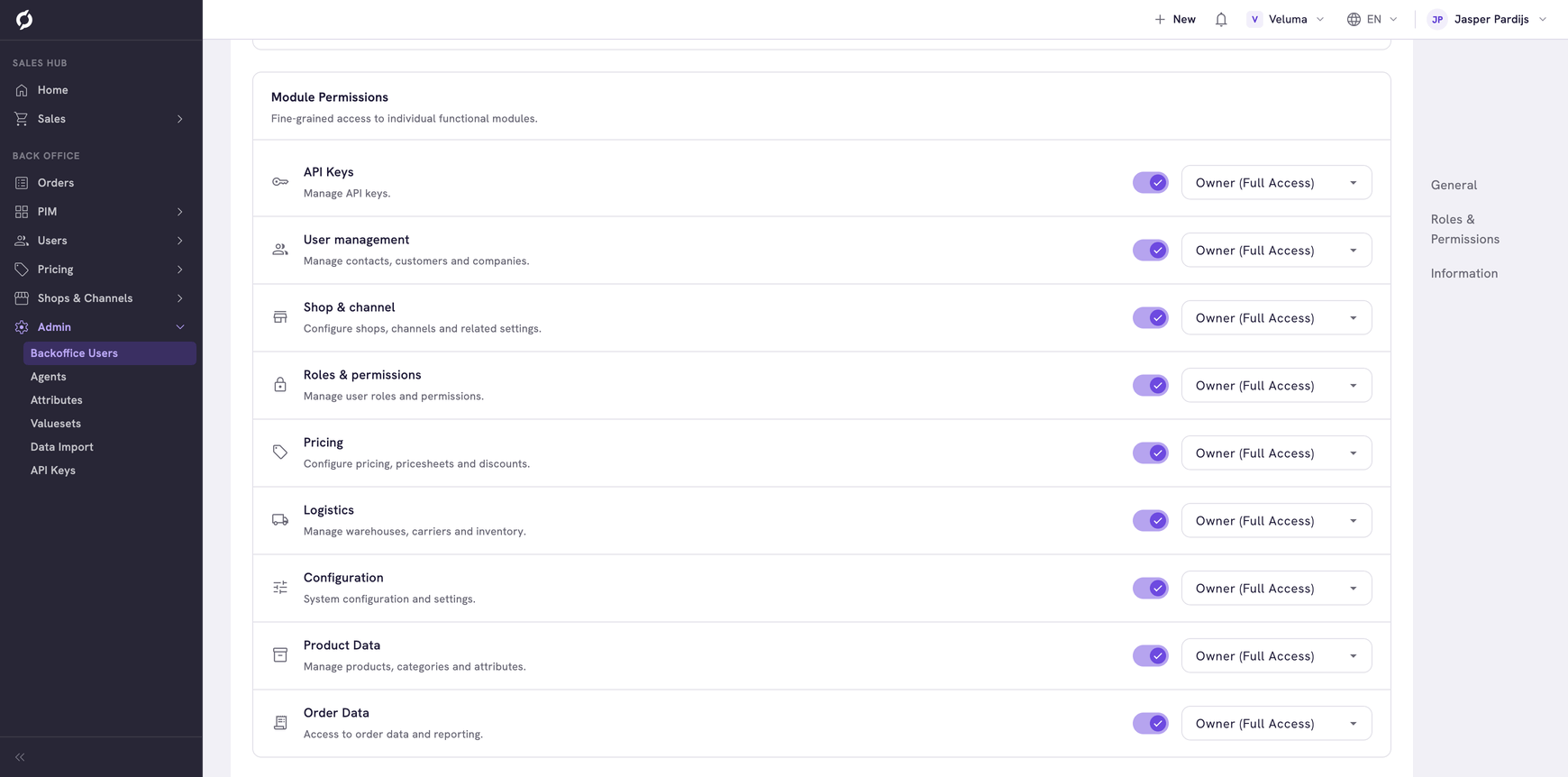Module Permissions with nine modules, each with a switch and an access level