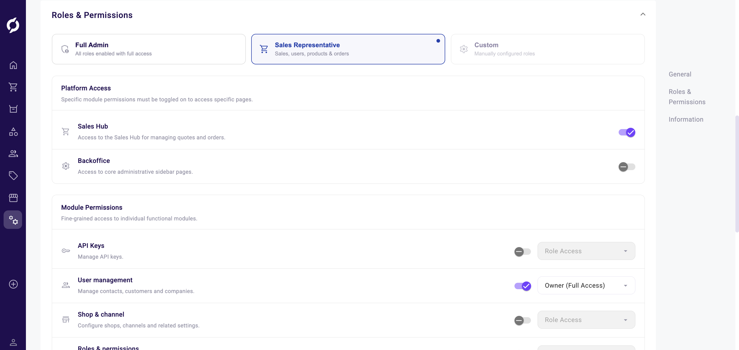 Sales Representative preset selected