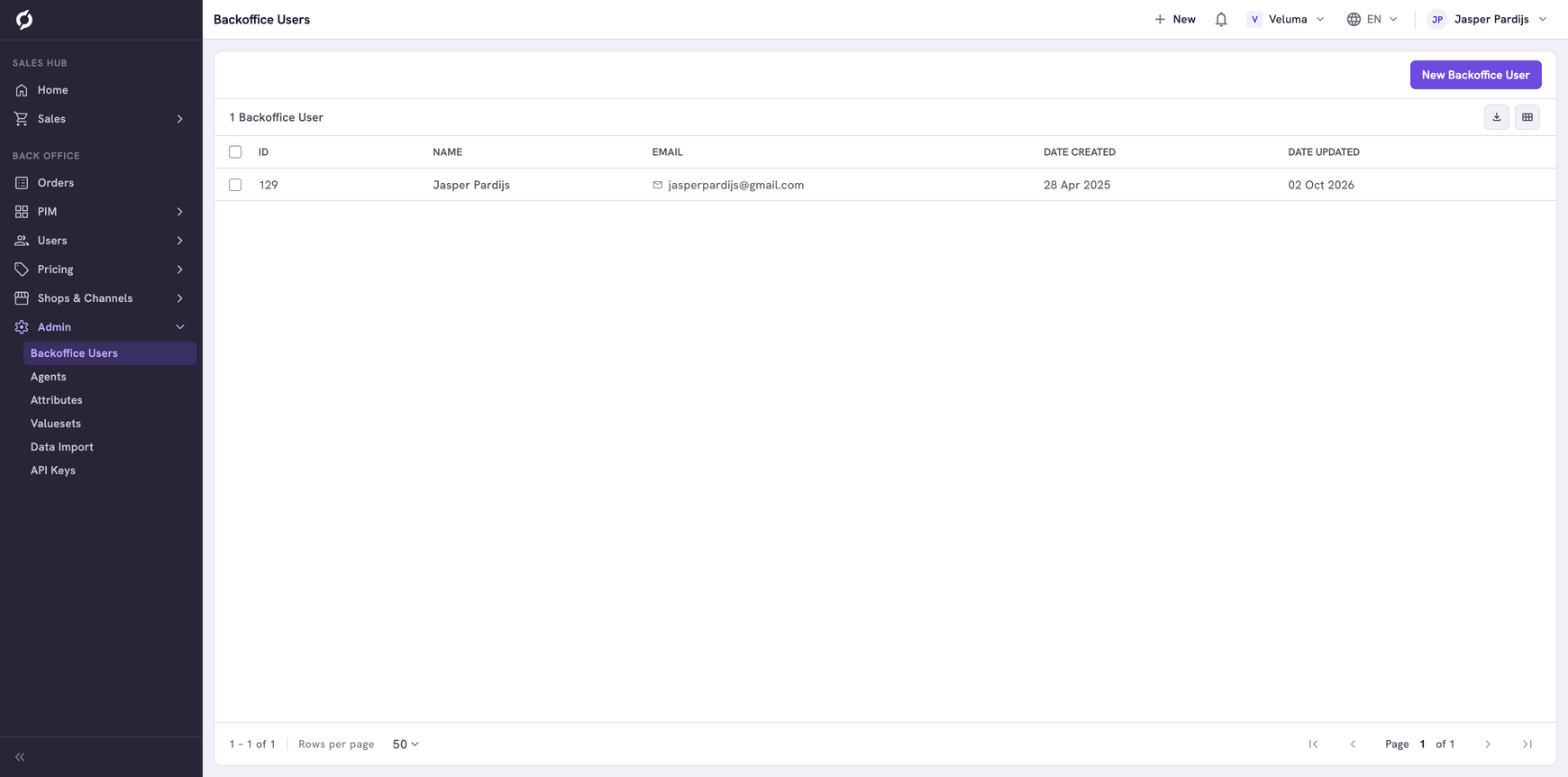 Backoffice Users page listing one user with their ID, name, email address and dates