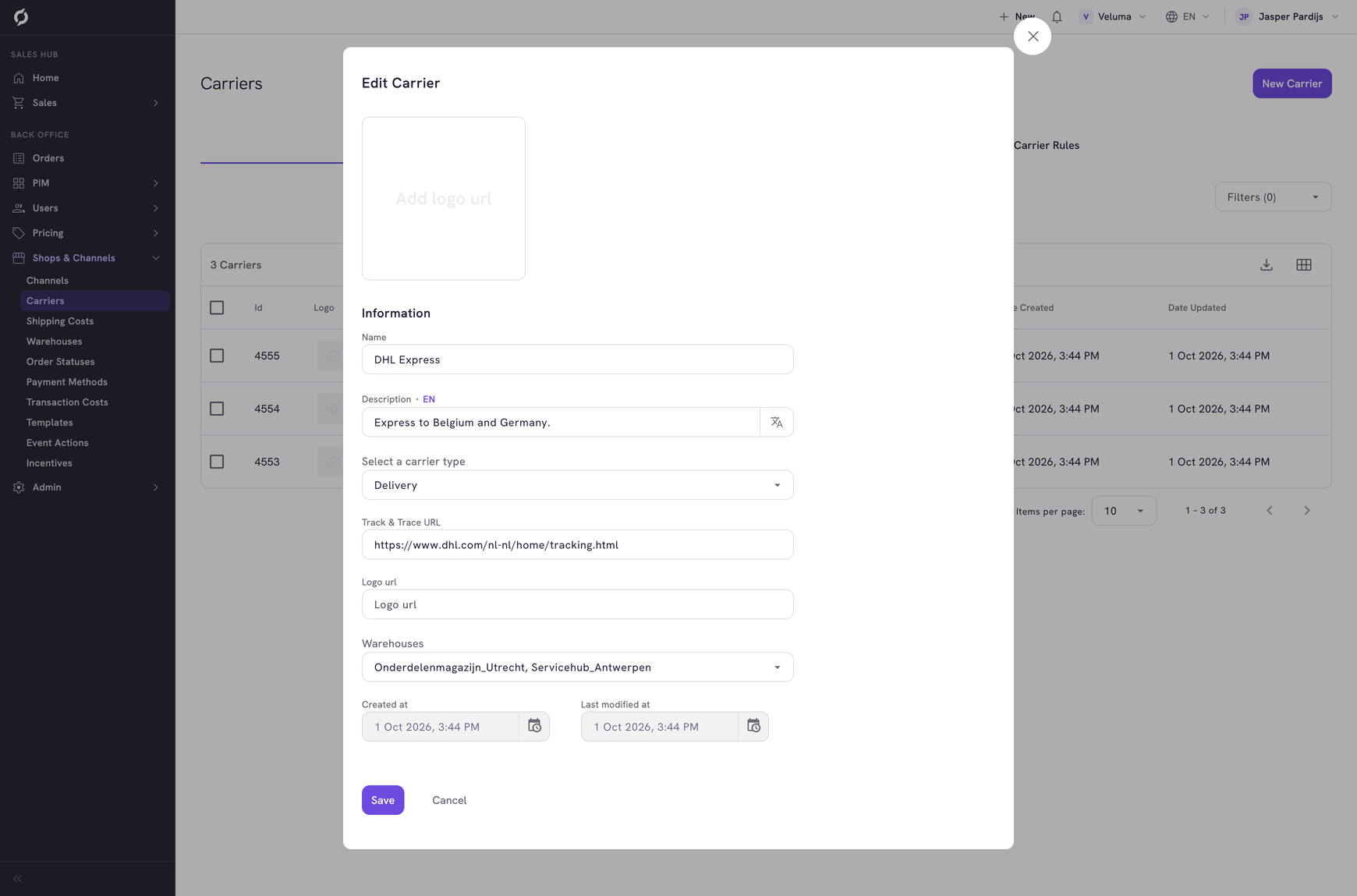 Edit Carrier dialog with name, description, type, tracking URL and warehouses