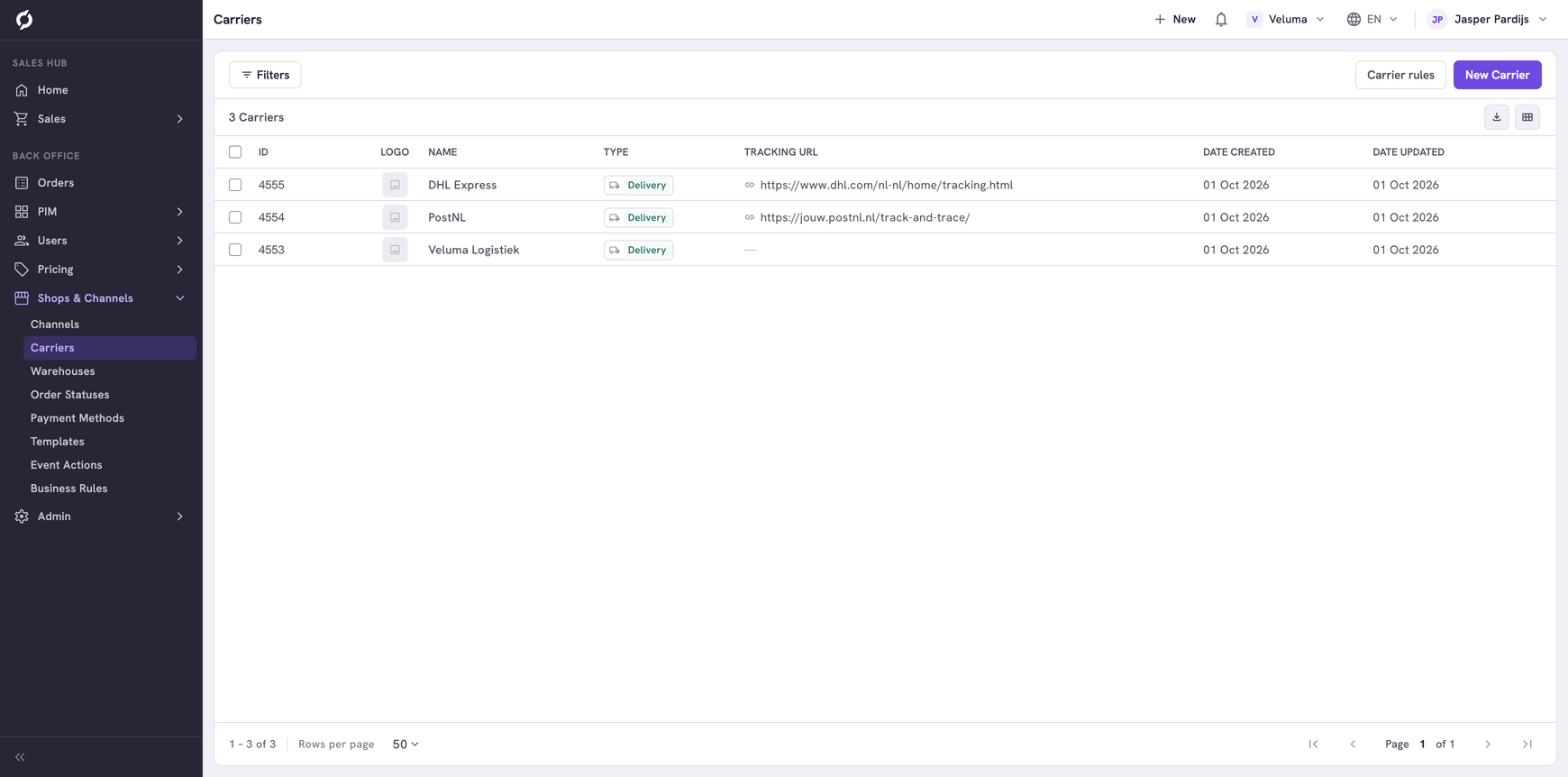 Carriers list with three carriers and the Carrier rules button above it