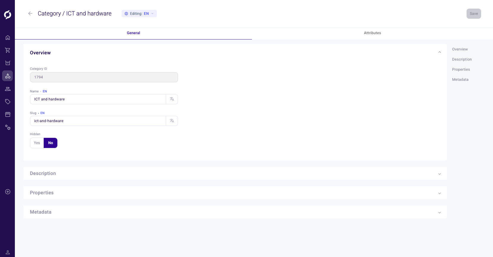 Category detail page with the General tab and the Editing language selector