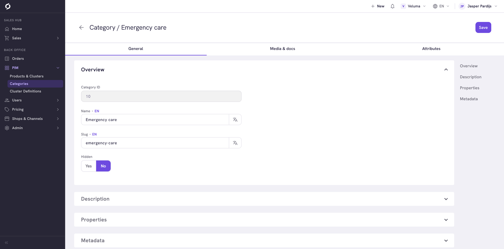 Category detail page with the General tab open and the Media & docs and Attributes tabs next to it