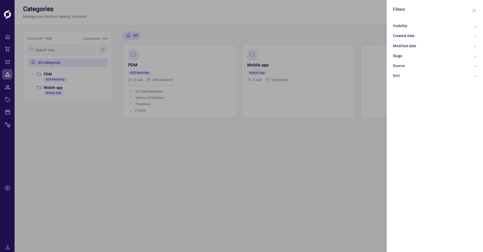 Filter panel with Visibility, dates, Slugs, Source and Sort options