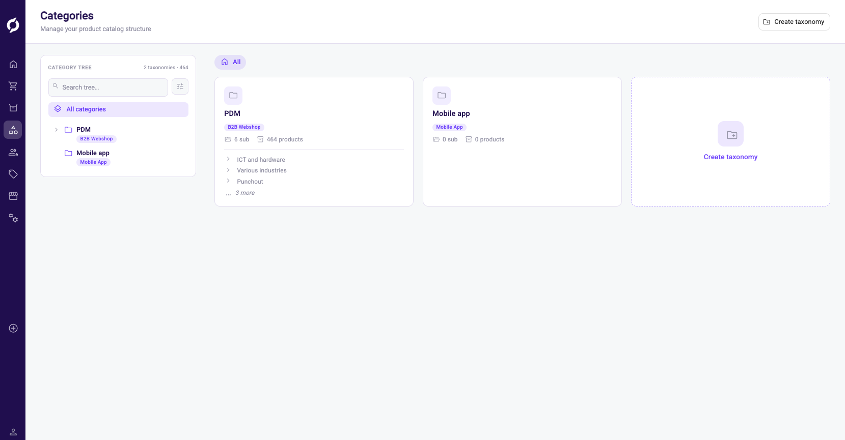 Categories page with a taxonomy card per catalogue and a Create taxonomy card