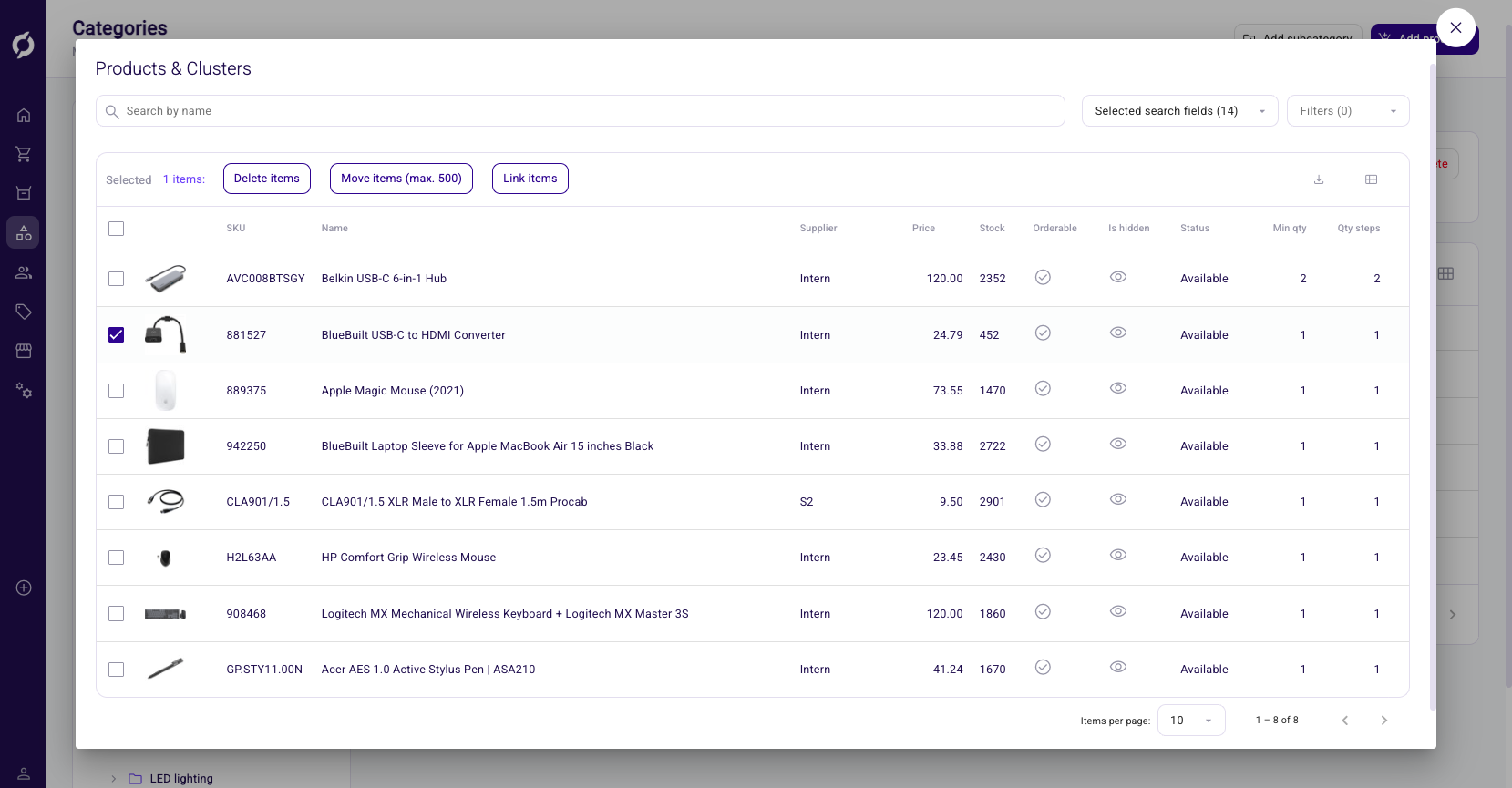 Products & Clusters dialog with a product selected, showing the Delete items, Move items and Link items actions