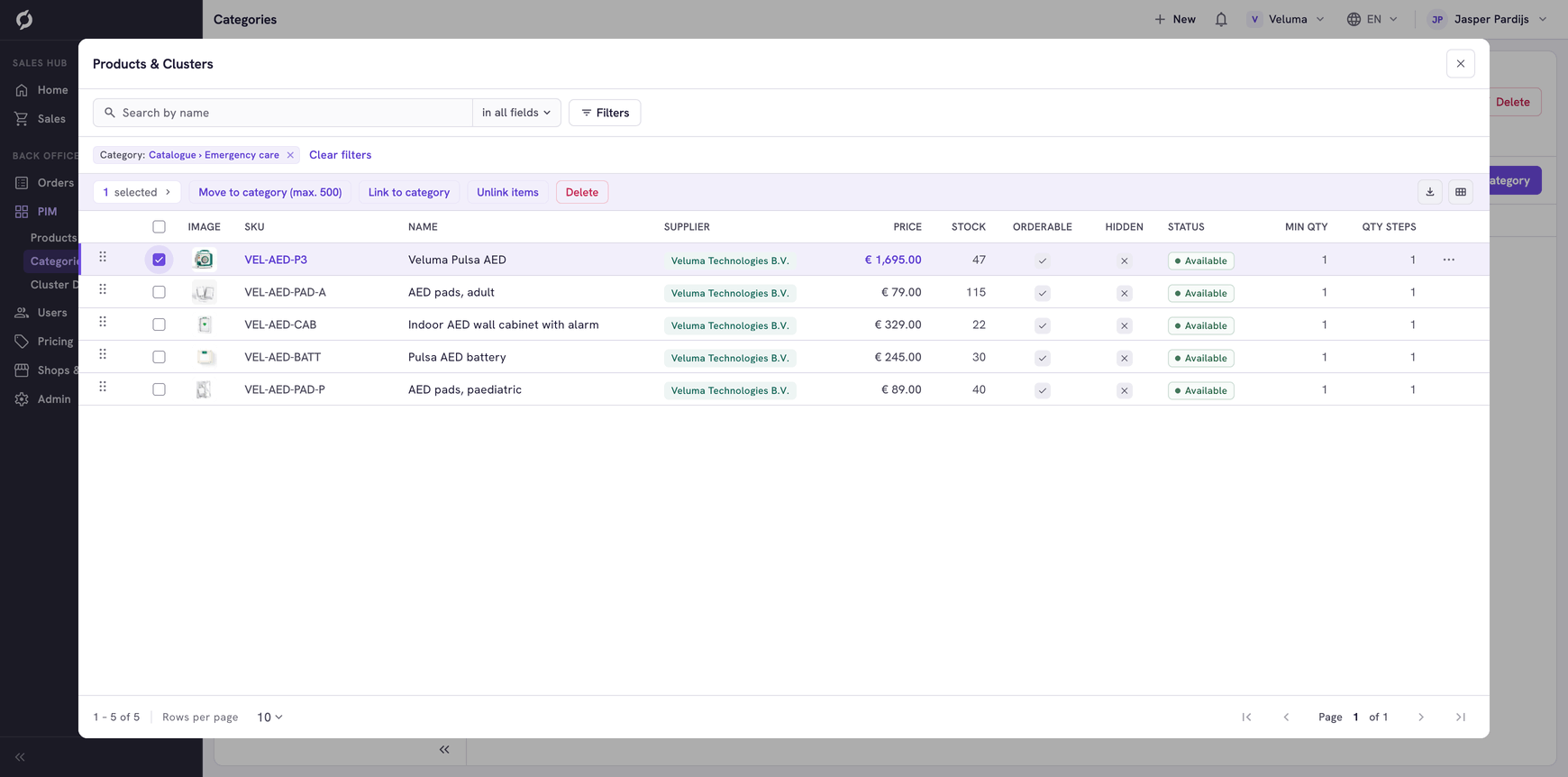 Products & Clusters dialog with a product selected, showing the Delete, Move to category, Link to category and Unlink items actions
