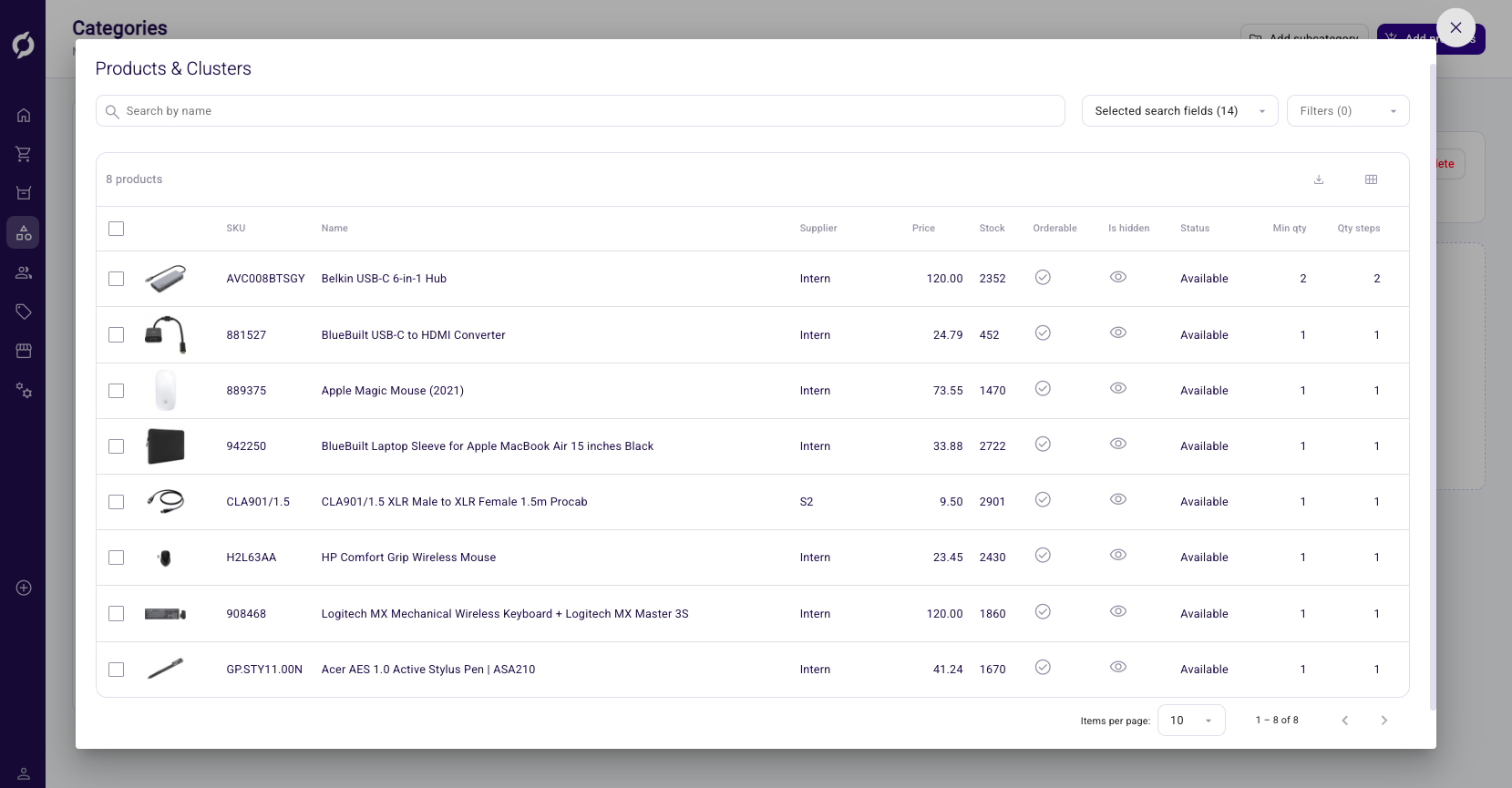 Products & Clusters dialog listing the products in a category