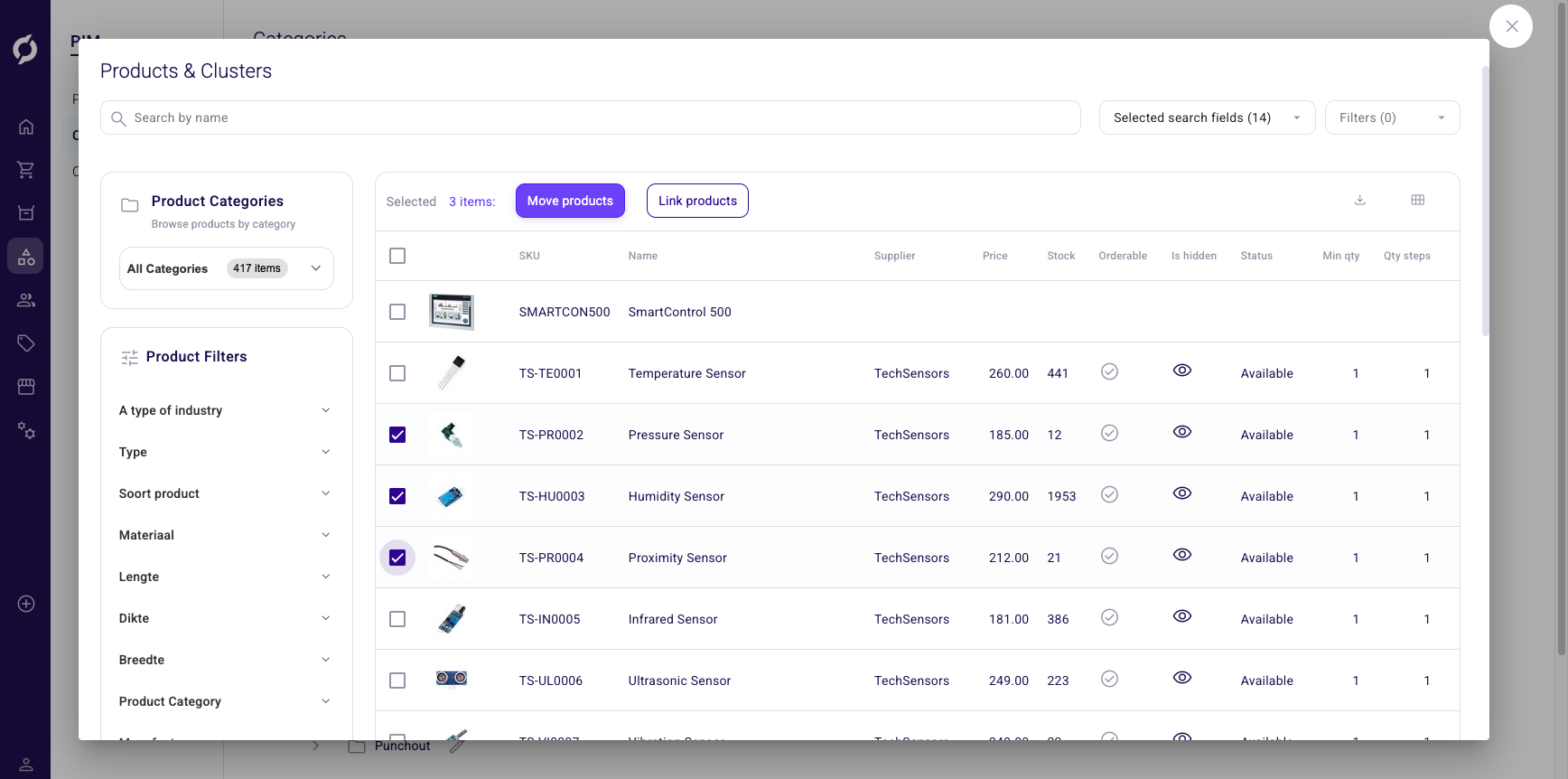 Category products slide-over panel showing product list