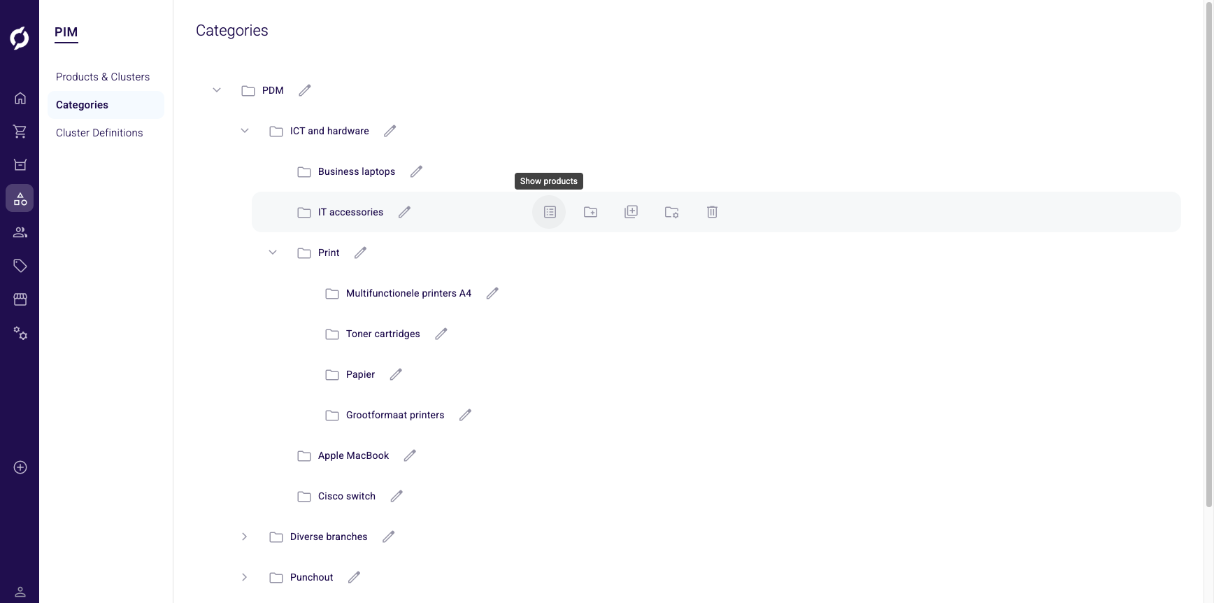 Category row selected showing action icons with Show products tooltip