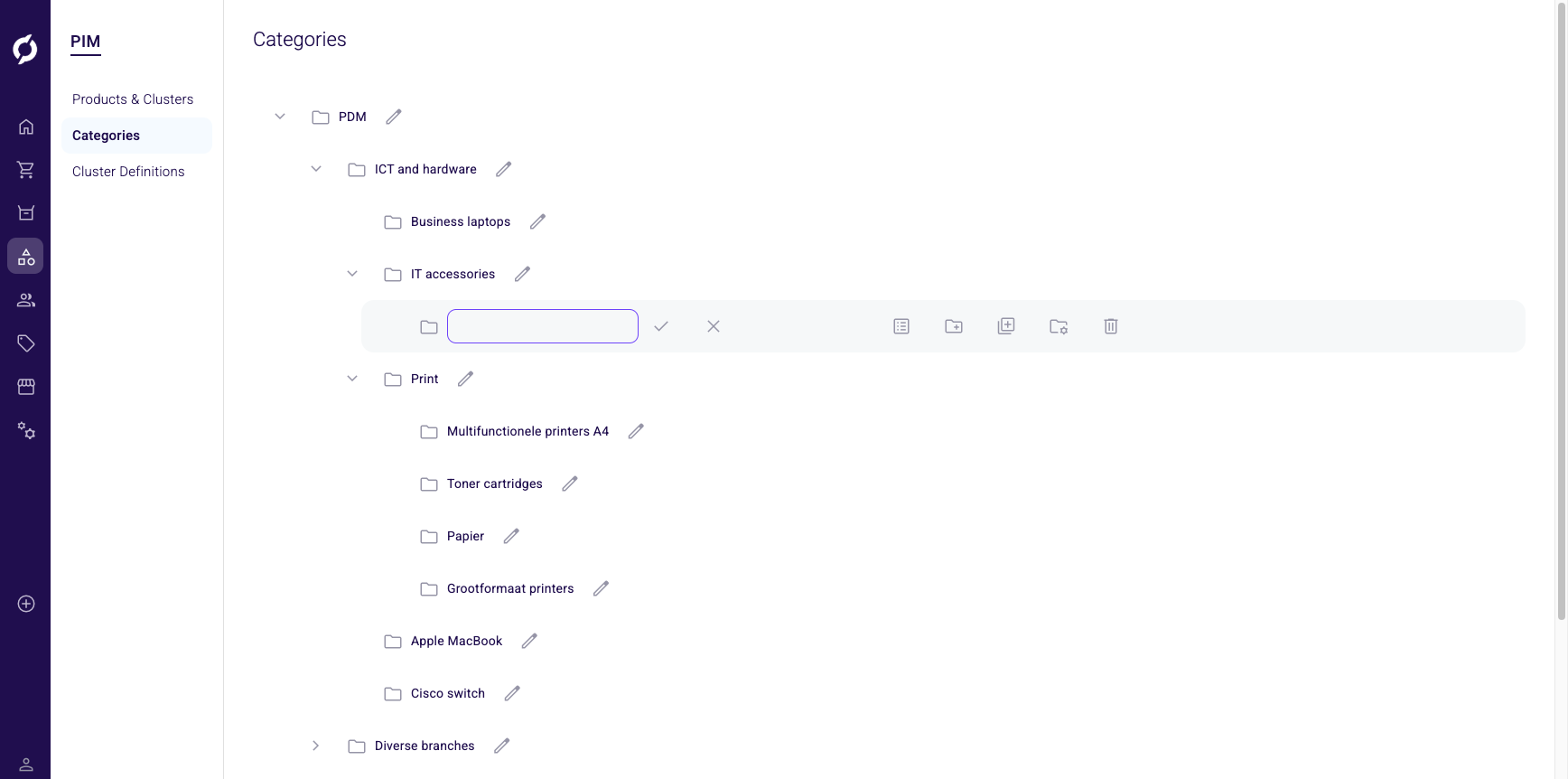 Adding a new subcategory with inline text input and action icons