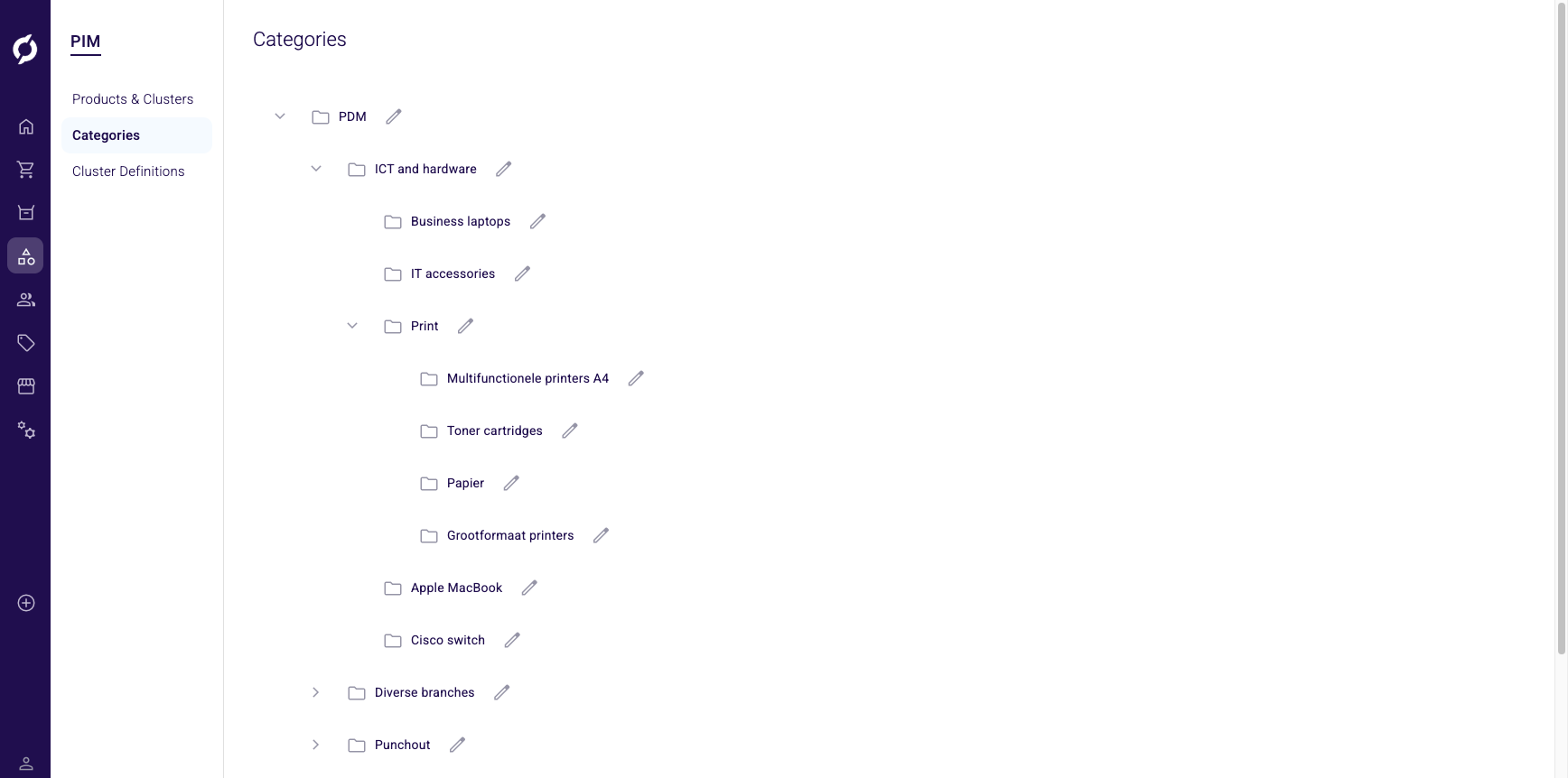 Category tree with expandable folders and edit icons
