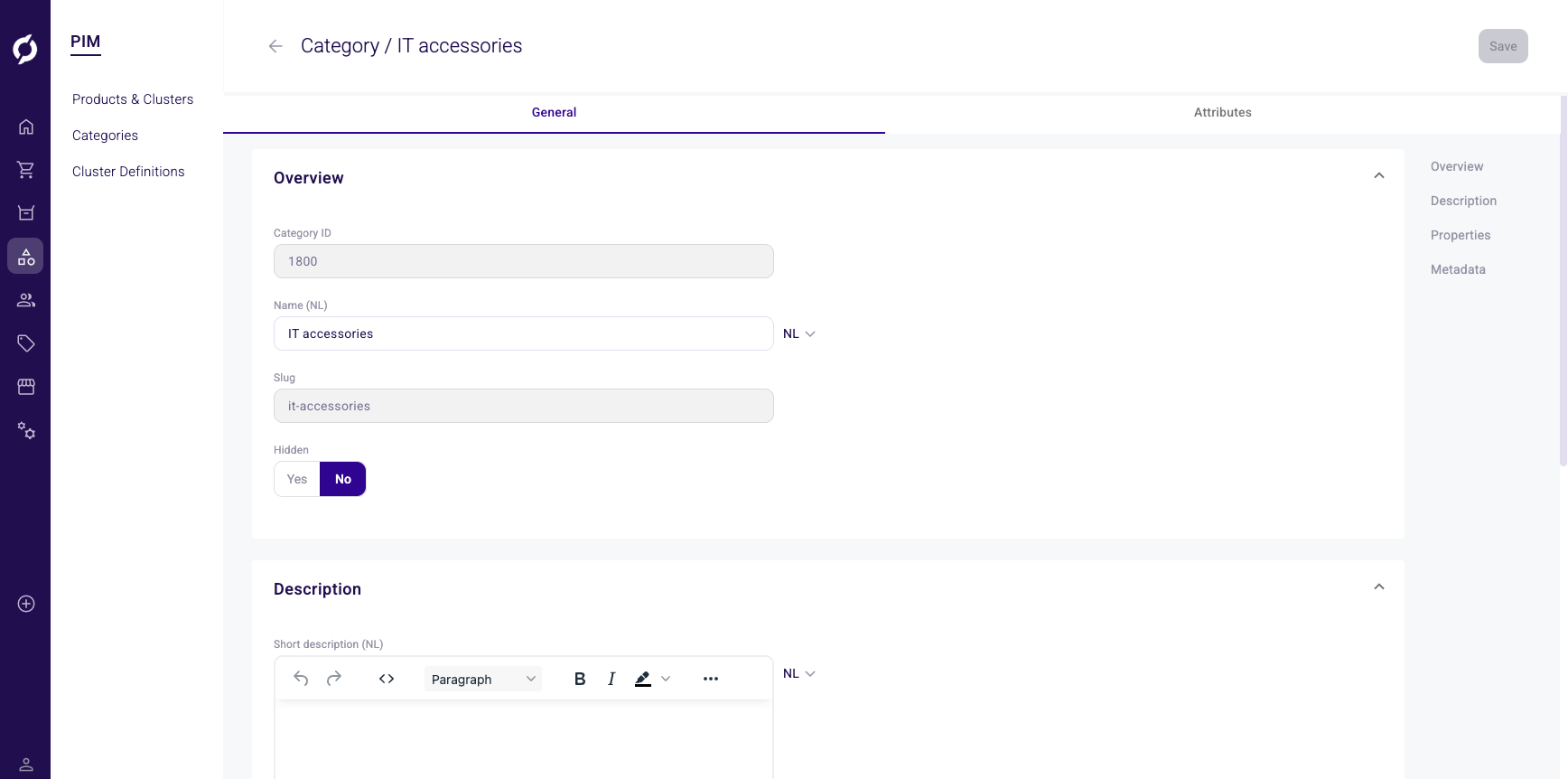 Category detail page with General tab showing Overview and Description sections
