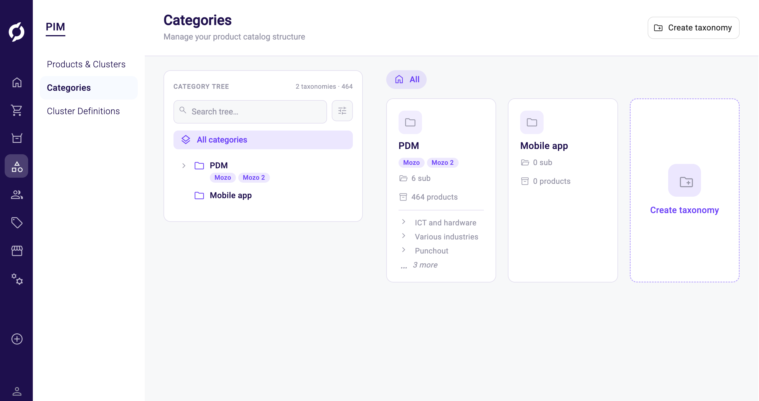 Category Management overview with multiple taxonomies and a Create taxonomy card