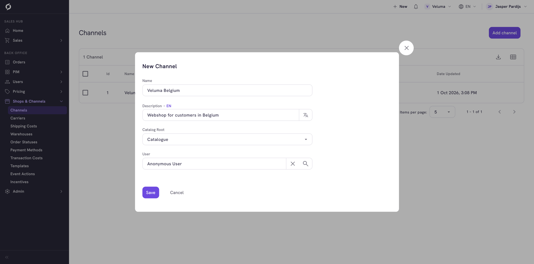 New Channel dialog with name, description, catalog root and user filled in