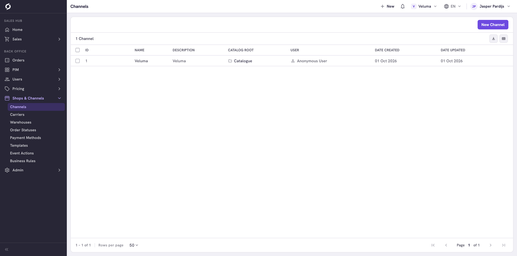 Channels list with one channel, its catalog root and its user