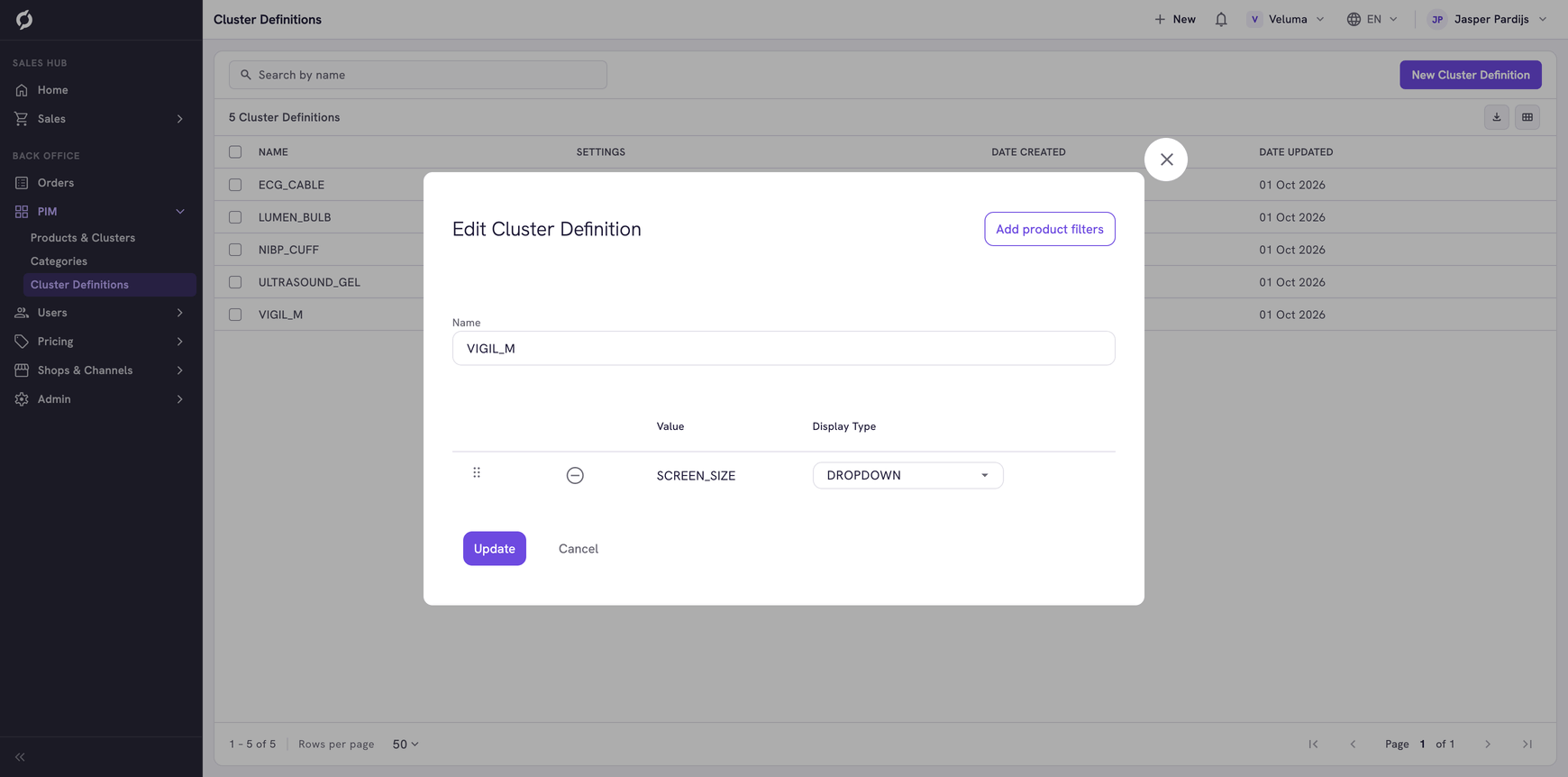 Edit Cluster Definition dialog with name, product filters and display type dropdown
